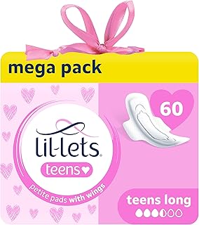 Lil-Lets Teens Long Pads with Wings - 60 Count Period Pads for Teens - Thin, Super Absorbent Sanitary Napkins, Soft & Breathable, Fragrance-Free - First Periods, Medium to Heavy Days