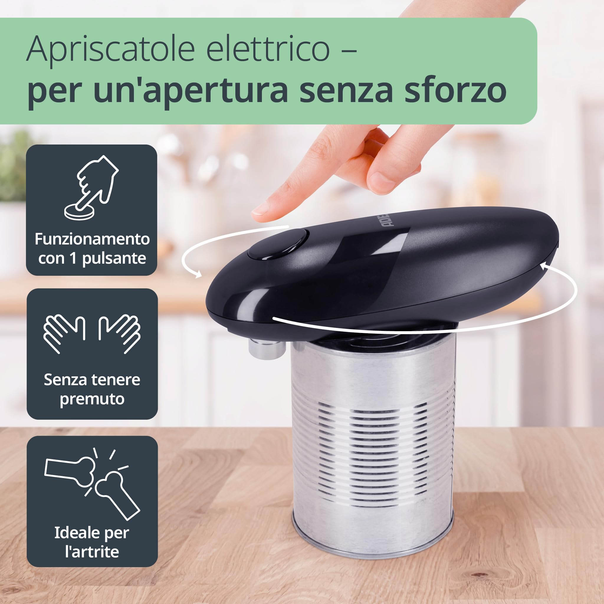 ADE Apriscatole elettrico professionale con magnete e gancio, per anziani, batterie incluse