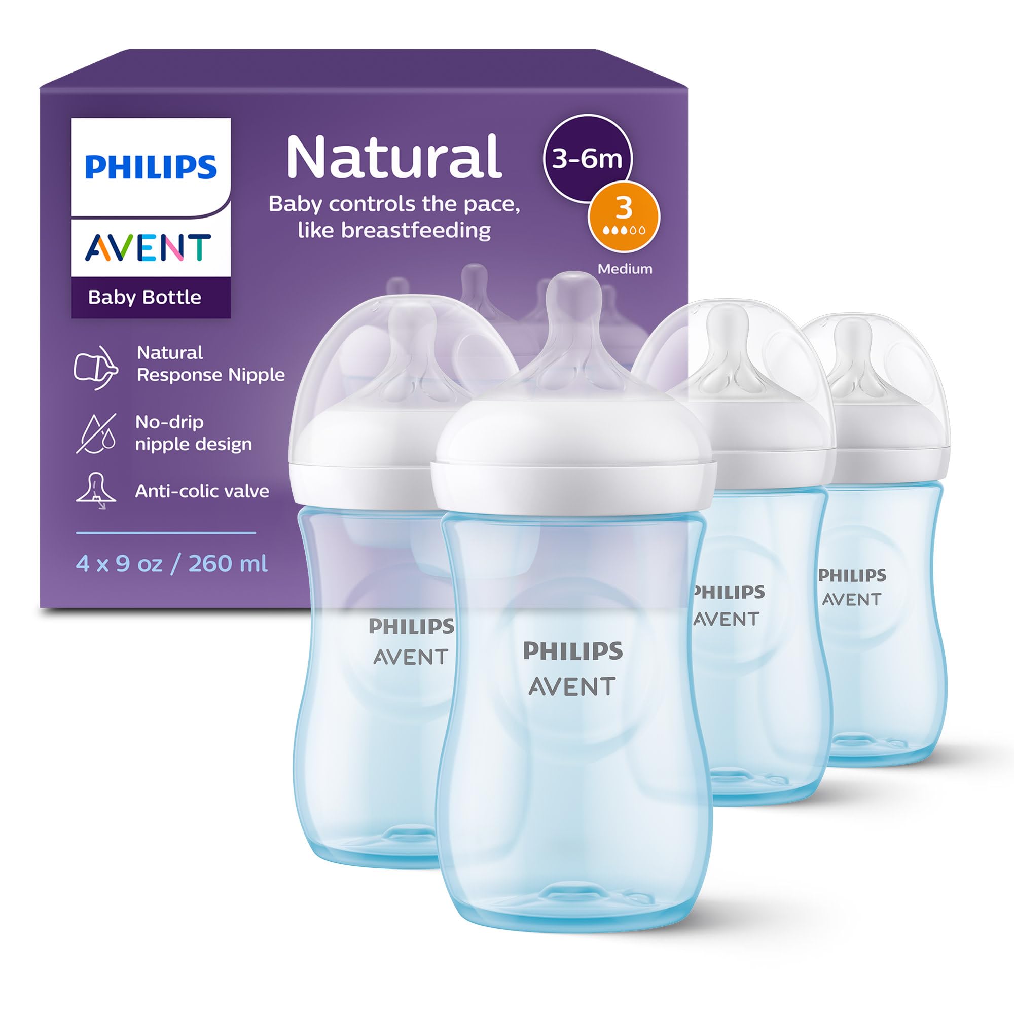 Natural Baby Bottles with Natural Response Nipples (Medium Flow, Flow 3), 9oz, Blue, 4-Pack, SCY903/24
