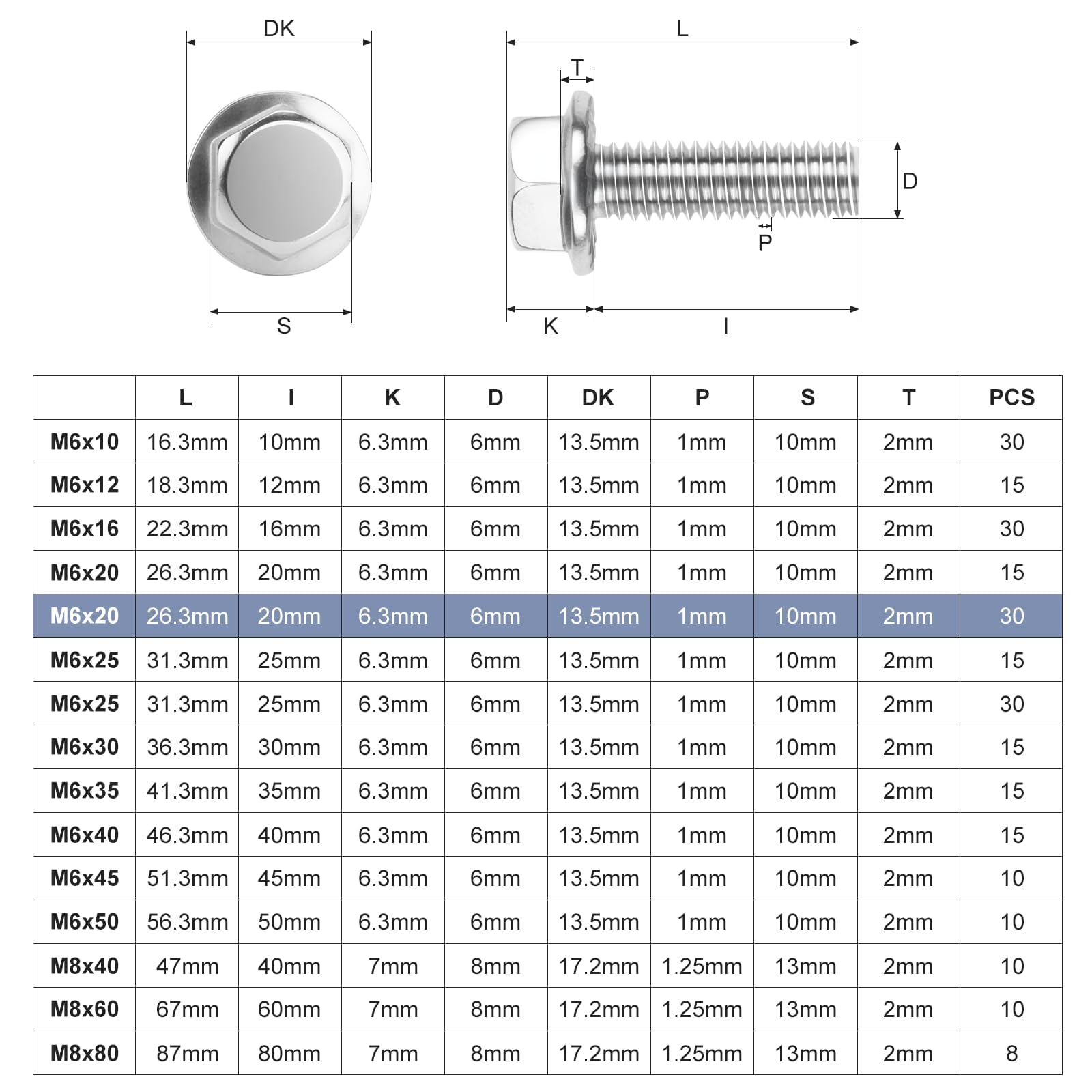 Nuts OT nuts 30 PCS M6 Bolts Silver M6x20mm 304 Stainless Steel Bolts Hex Serrated Flange Bolt Screws Hex Flange Bolt Serrated Flange Anti-Loosening for Machine Tools Furniture Assembly DIY - Image 2