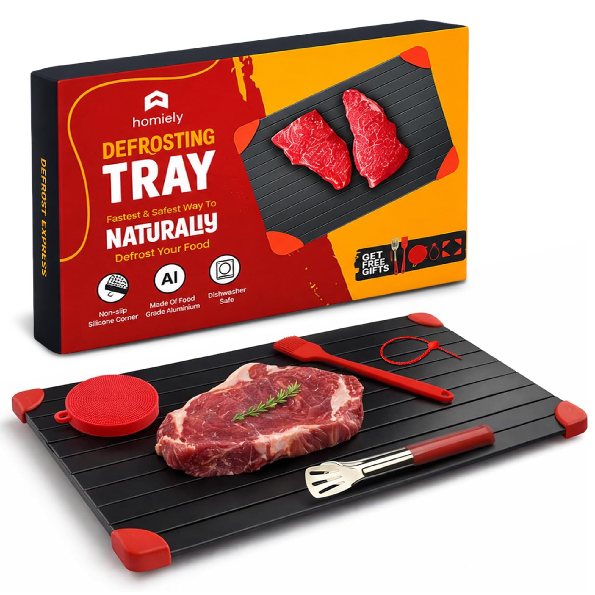 Homiely Black/Red Defrosting Tray - Fast Thawing Tray Defrosting Board And Plate For Frozen Meat, Chicken, Defrost Thaw Plate