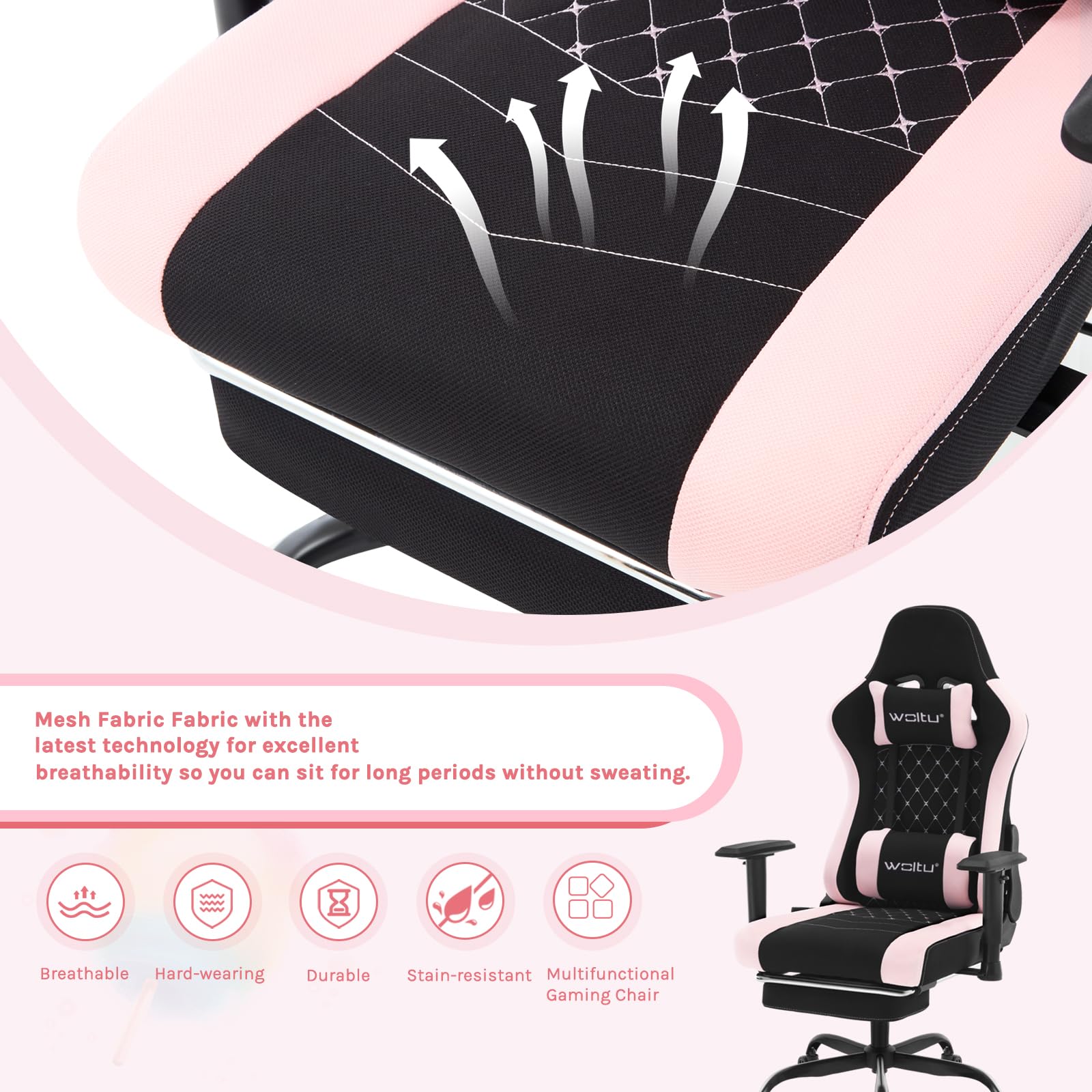 WOLTU Chaise Gaming, Chaise Bureau Massante, Fauteuil Ergonomique avec Coussin Lombaire Massant, Siège Large à Ressorts, Appui-tête, Repose-Pieds, Tissu Maille, Charge 150kg, Noir+Rose