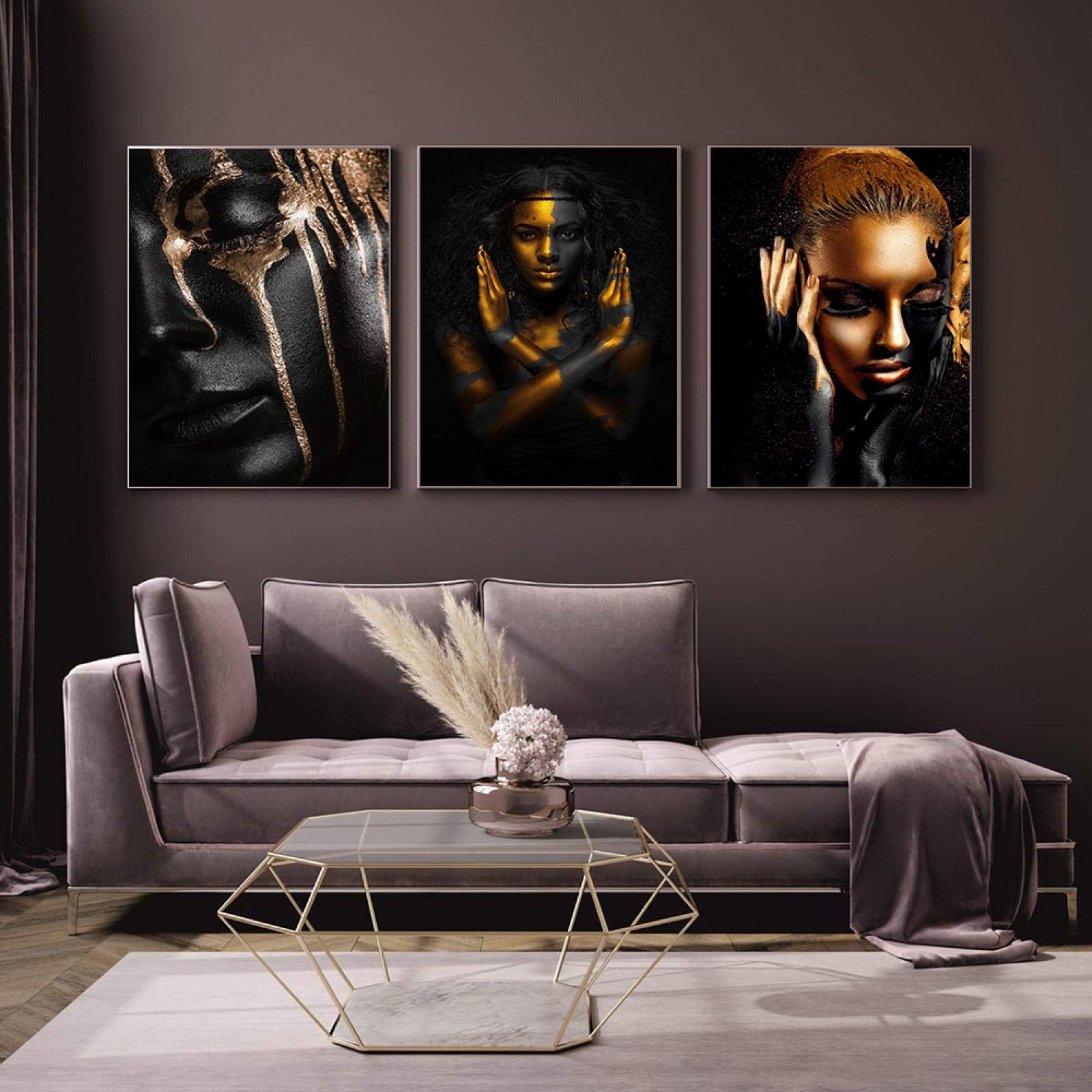 Impression sur toile femme africaine salon triptyque mural 40x60cm