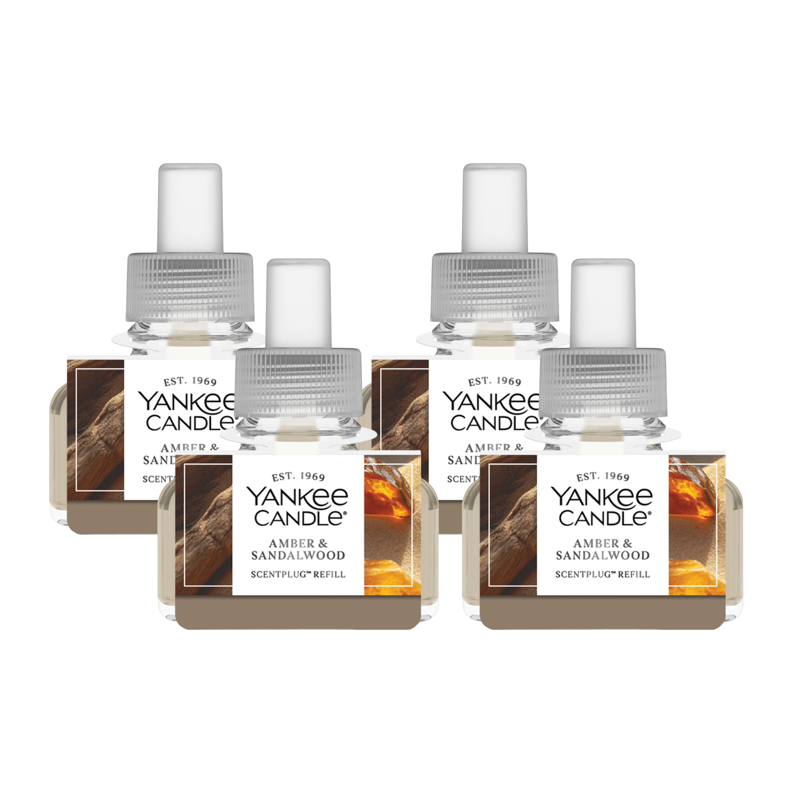Yankee Candle ScentPlug Refill for Plug in Air Fresheners, Scented Oil Refills, Long Lasting Home Fragrance, Amber &amp; Sandalwood (Pack of 4)