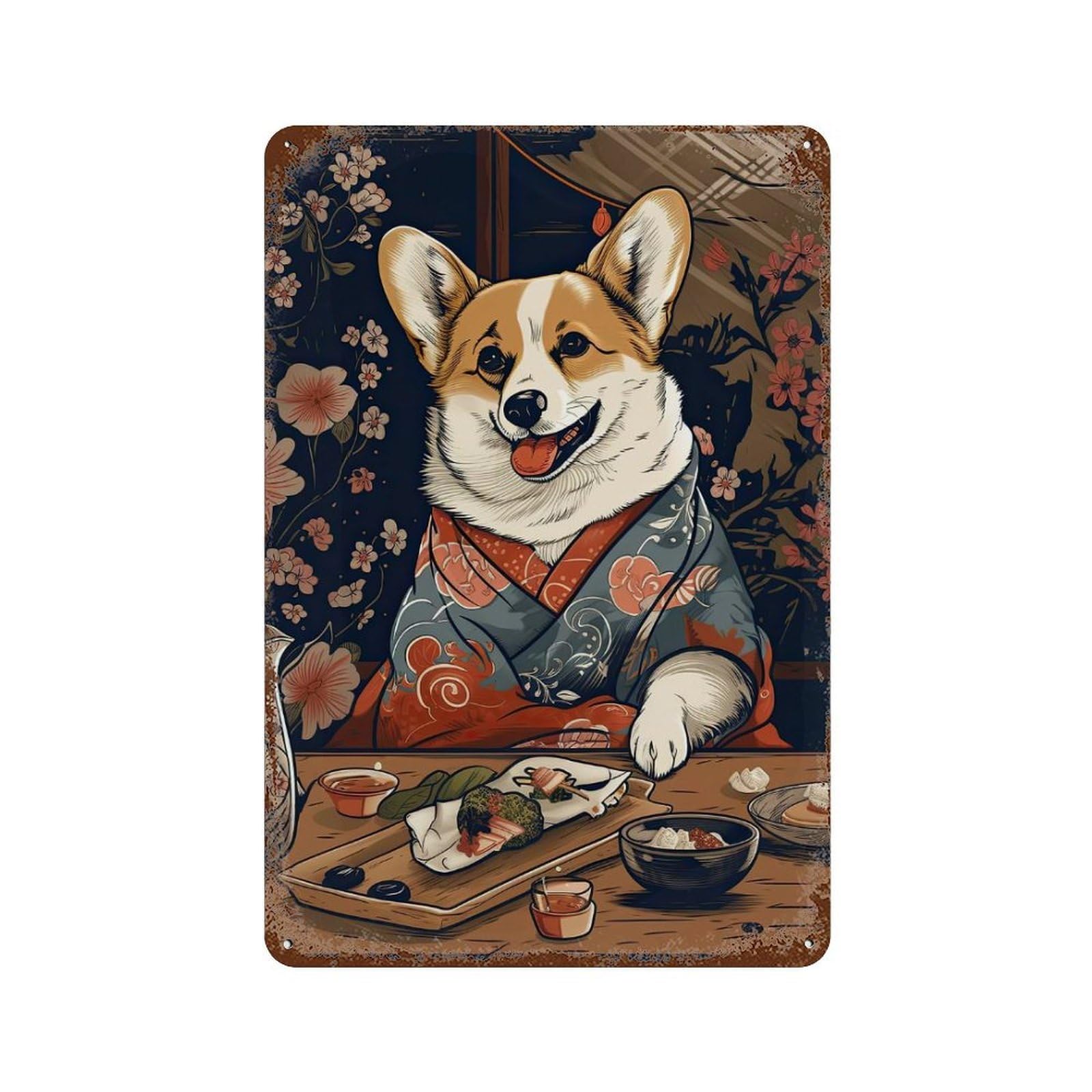 Corgi Dog Japanese Food Rust Effect Tin Sign 11.8"x7.9", Industrial Home Decor for Bistro, Counter And Cafe Decor