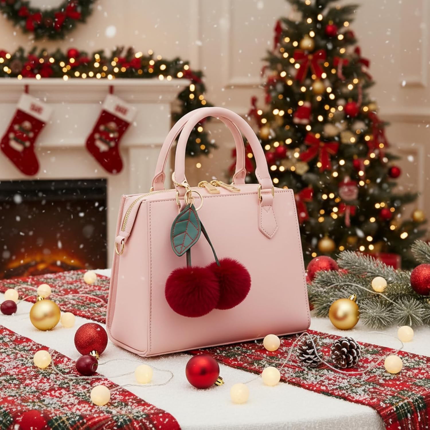 Nosiny 6 Pieces Cherry Pom Pom Keychain Valentines Day Gifts Plush Fluffy Cherry Bag Purse Charms Keychain Spring for Women Bag Accessories Handbags Pendant - Image 6