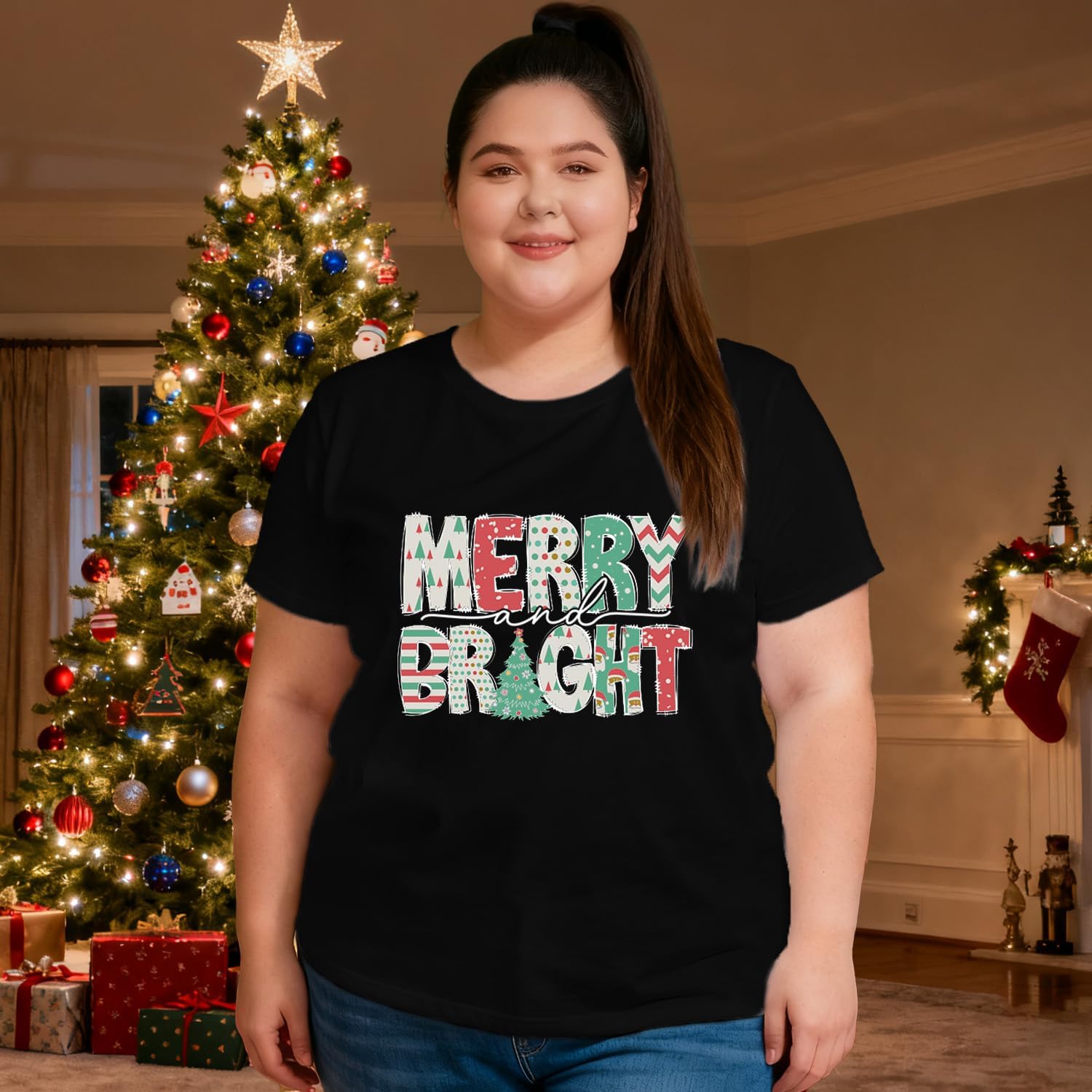 Plus Size Merry and Bright Shirts for Women Christmas Merry and Bright T-Shirt Xmas Holiday Tee Tops - Image 4