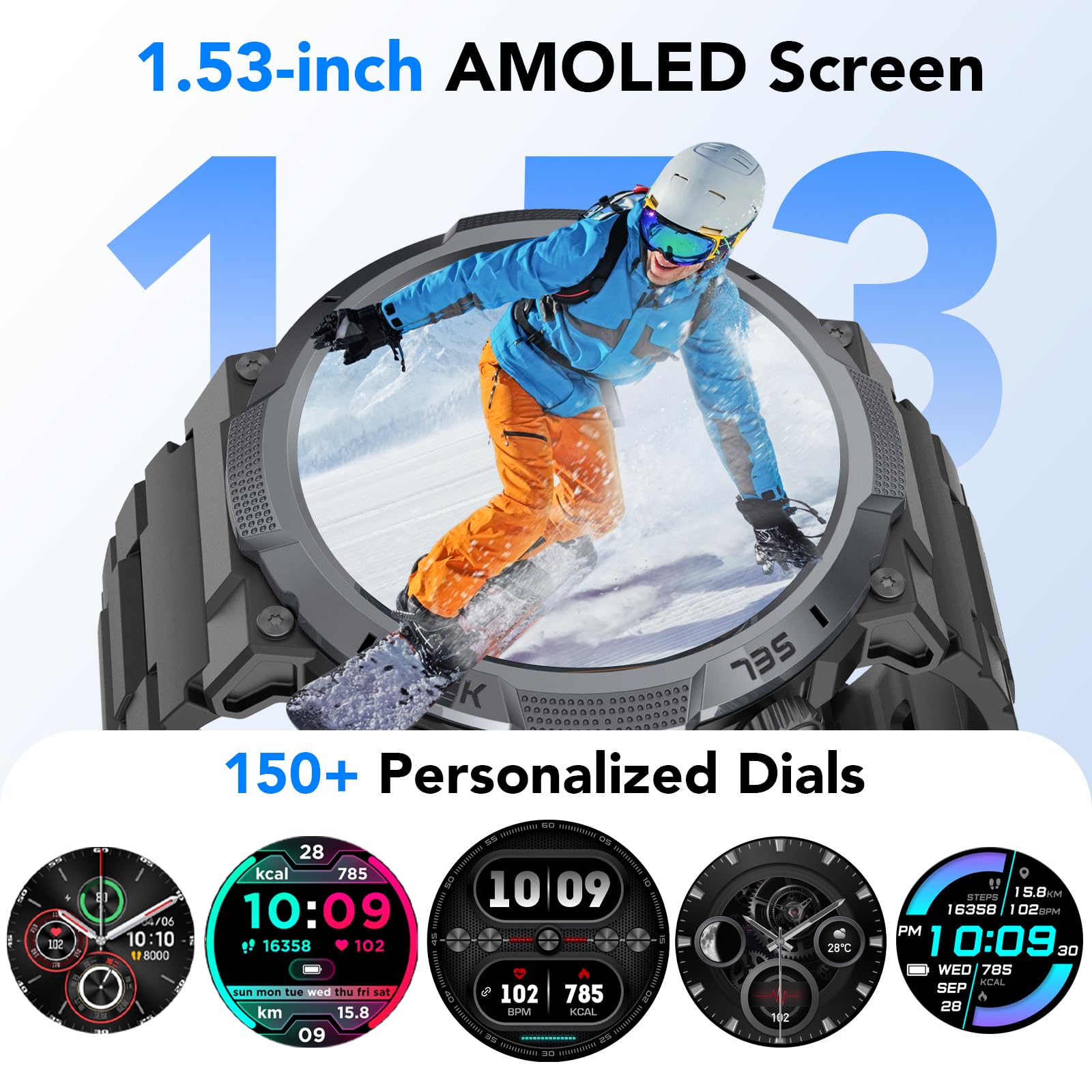 TIMU Orologio Smartwatch Uomo, Schermo AMOLED 1,53, Autonomia 30 Giorni, Orologio Militare Uomo Chiamate Bluetooth, Monitoraggio Frequenza Cardiaca/Sonno, Impermeabile IP68, 110 Modalità Sportive