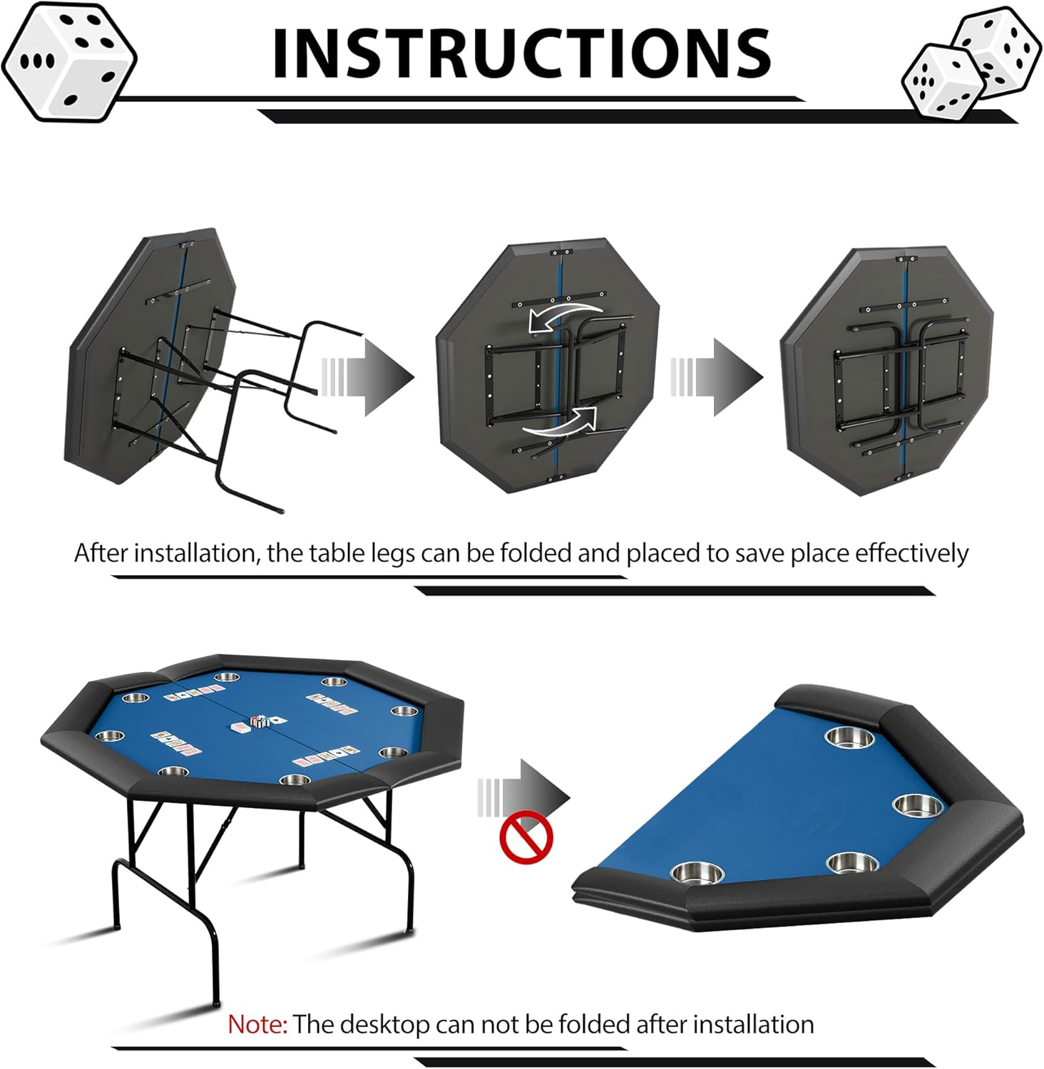 Poker Table with Collapsible Legs, Water-Resistant Cushioned Rail Casino Gaming Table