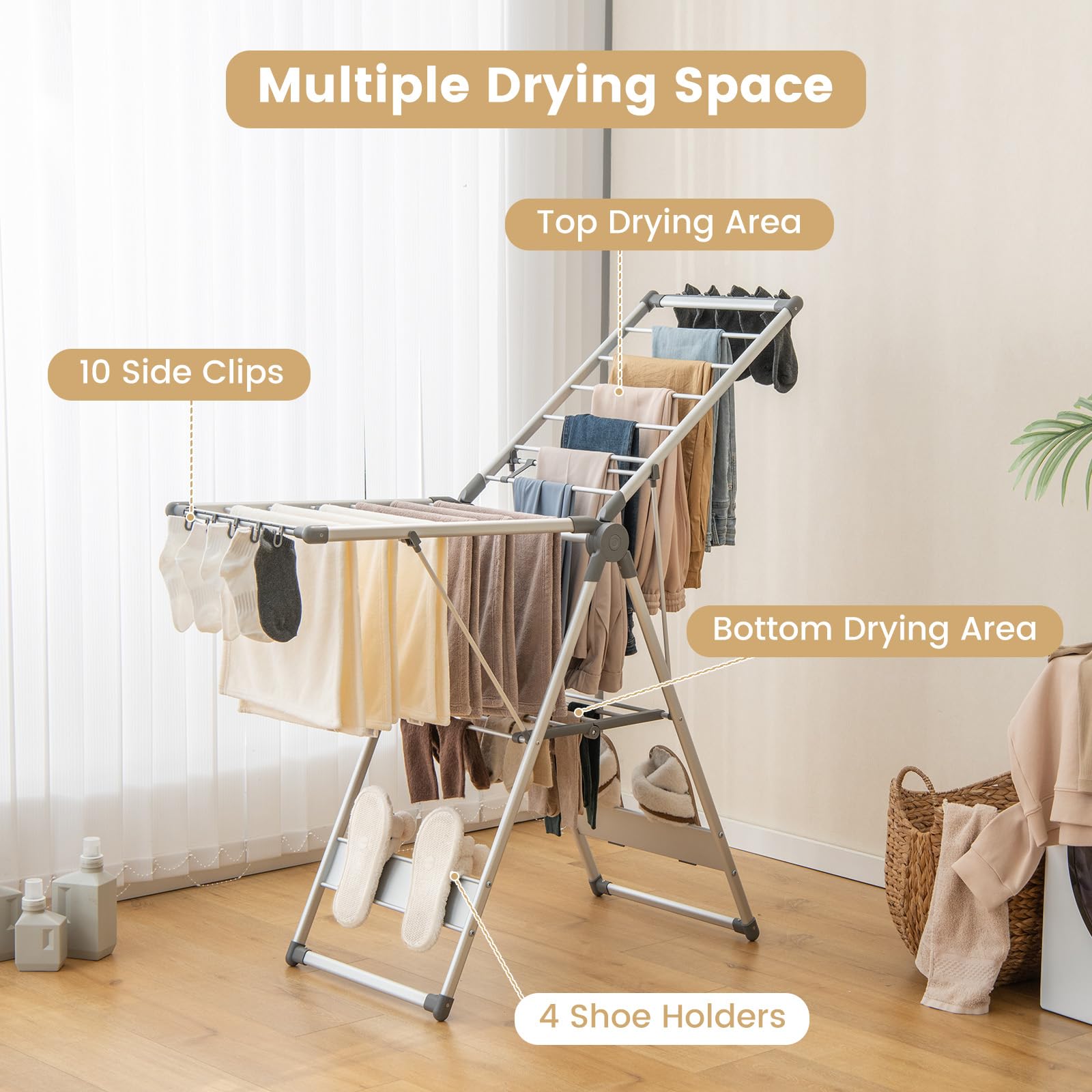 Wäscheständer mit 2 Ebenen, zusammenklappbar, höhenverstellbar, Flügel-Design, 10 Sockenclips, Schuhhalter, für drinnen und draußen, Stahl