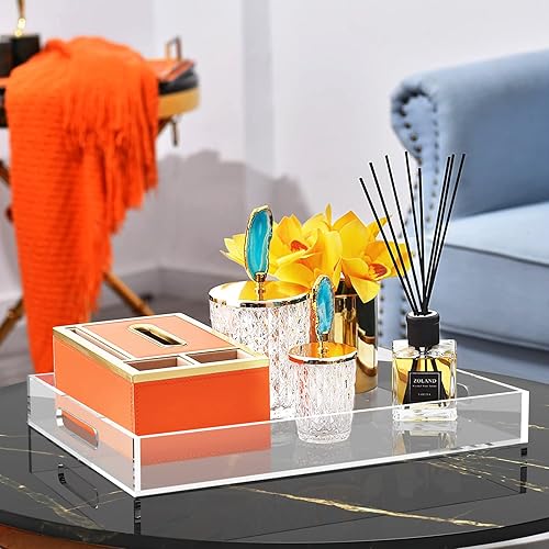 Miniatura 6 de Bandejas de acrílico con asas, bandejas rectangulares resistentes de desayuno de 16 x 12 pulgadas, bandejas decorativas transparentes para