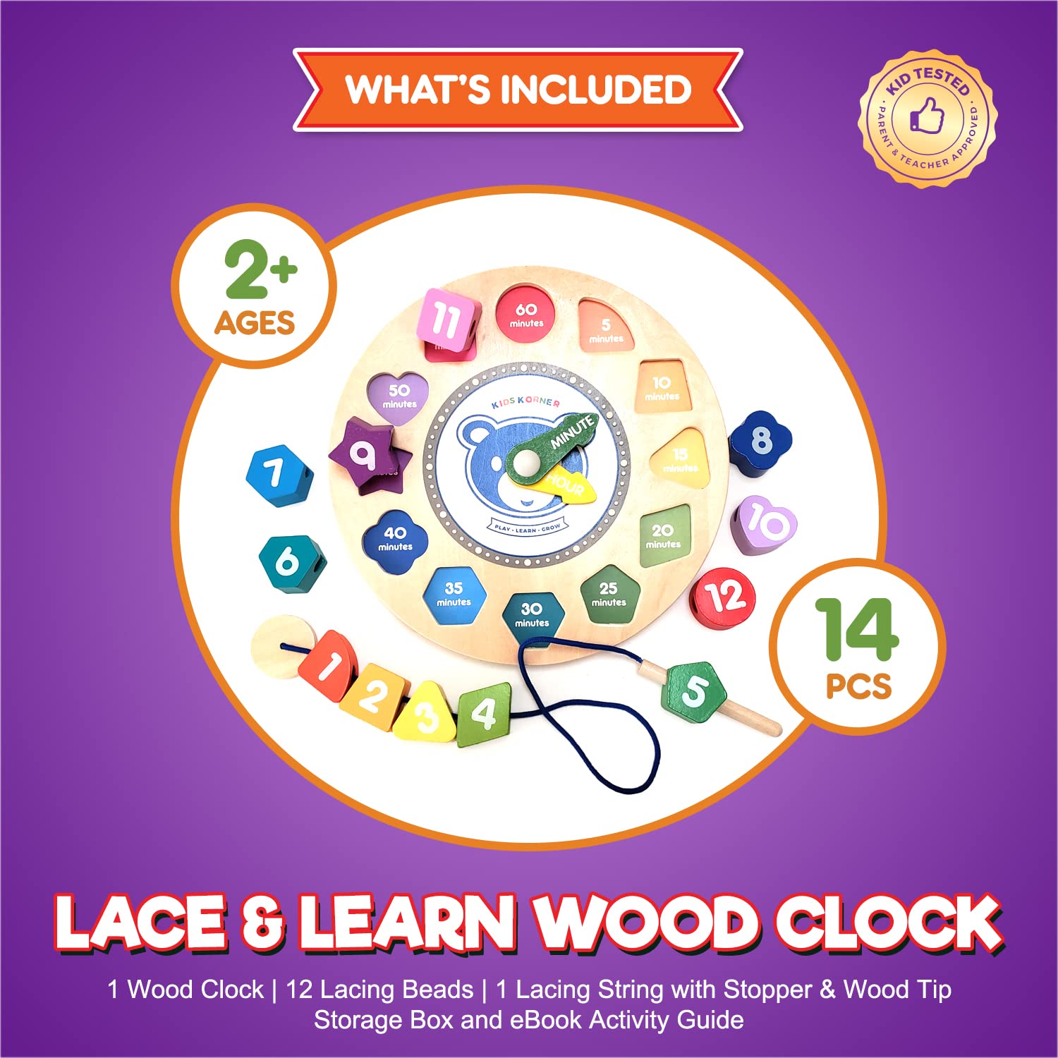 Lace & Learn - Reloj de madera para niños – Formas, colores, cordones y decir la hora – Brilla en la oscuridad habilidades motoras finas y juguetes de madera con libro electrónico de actividades 2