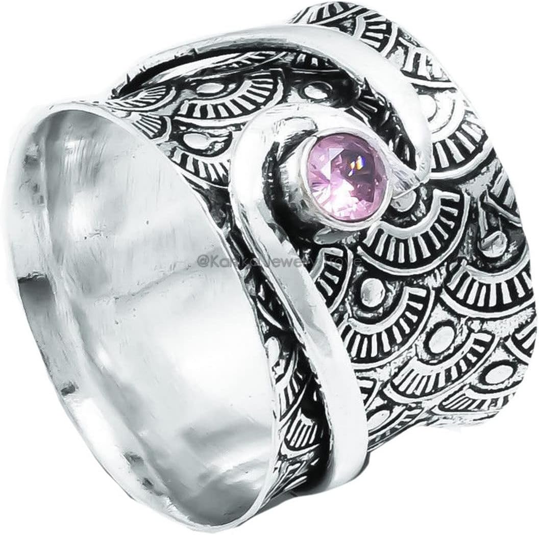 Kanika Jewelry Trove Fancy texture Spinner Ring 925 Sterling Silver Spinner Ring, Rose Quartz, Healing Meditation, Chunky Oxidized for Valentines Day Gift Mother's Day Gift (rose-quartz, Size 7)