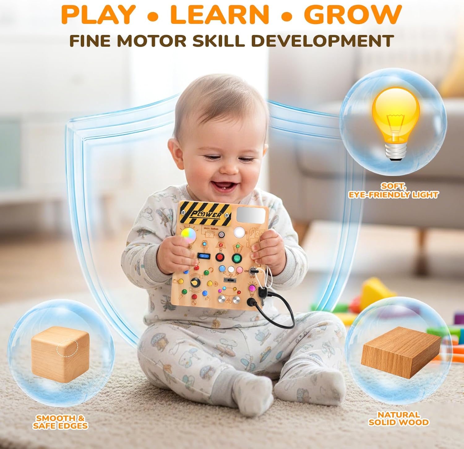 Busy Board for Toddlers 1-3 - Montessori Toys for 1 2 3 Year Old, Wooden Toy Sensory Activity Board with 12 Activities & 22 Lights, Educational Travel Toys for 1+ Year Old Boy & Girl Birthday Gift