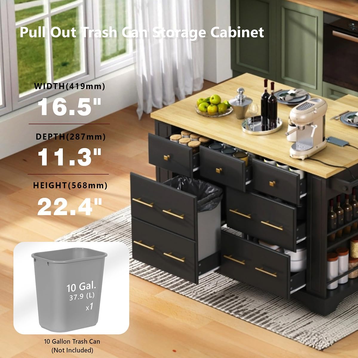 Rolling Kitchen Island with Drawers and Power Outlet, Island Cart with Hidden Pull-Out Trash Can Cabinet, Island Table on Wheels with Drop Leaf & Towel/Spice Rack (Black)