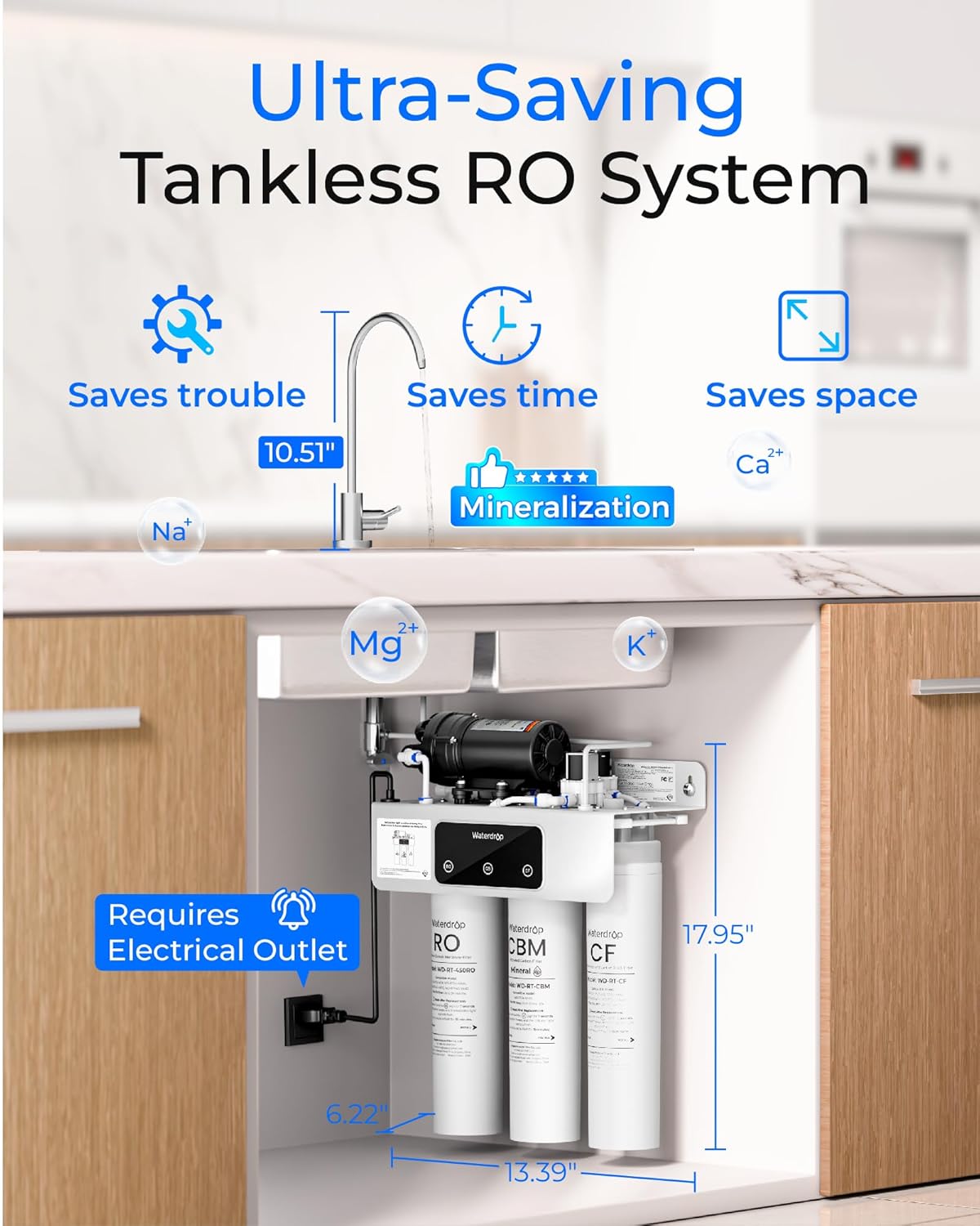 Waterdrop T3-M Remineralization Reverse Osmosis Water Filter, NSF/ANSI 372 Certified, 9-Stage Undersink RO System, 450 GPD Tankless RO Water Filtration System, 2:1 Pure to Drain, Plug-in Required