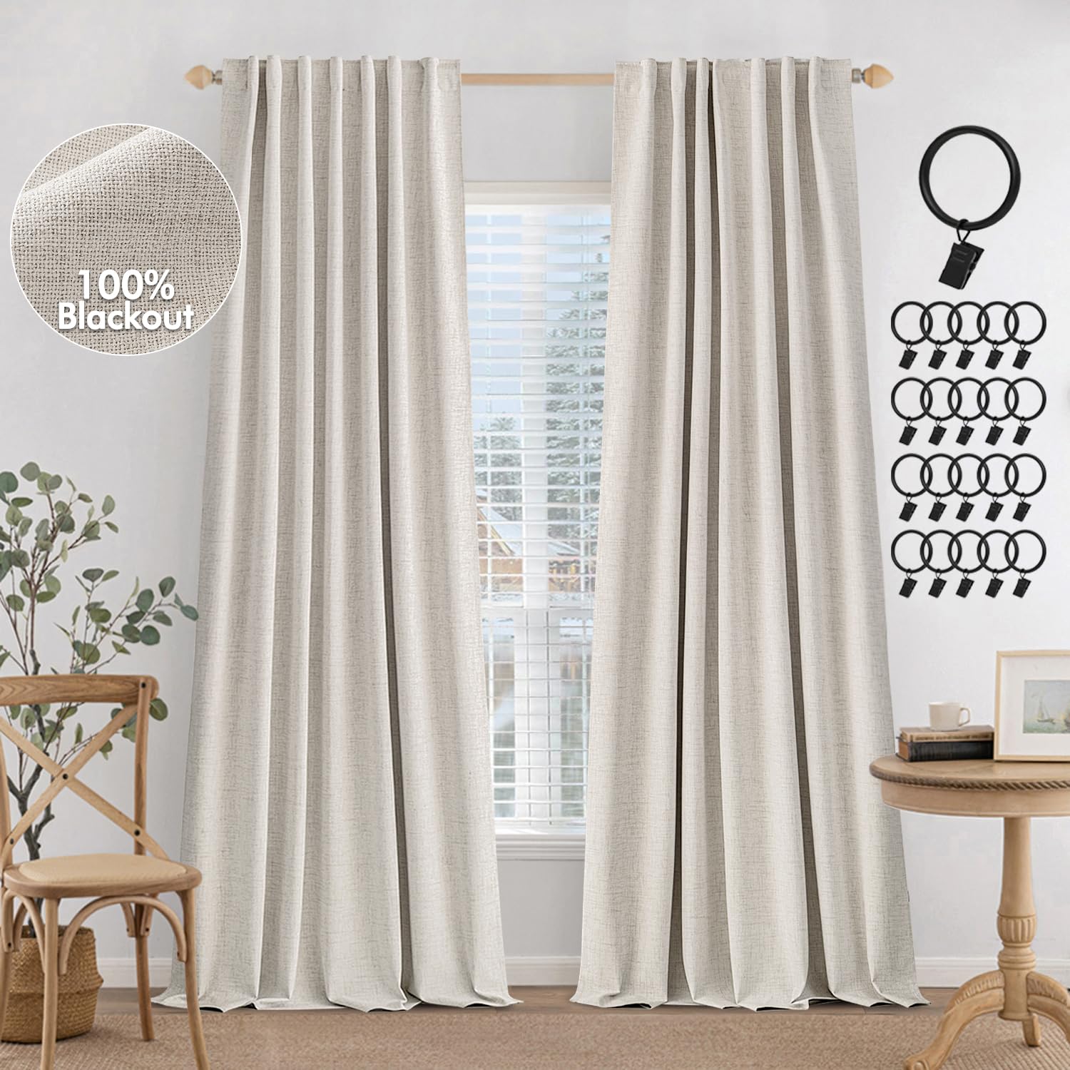 MIULEE 100% Blackout Curtains 108 inches Long, Linen Curtains for Bedroom Living Black Out Window Treatments Thermal Insulated Room Darkening Drapes