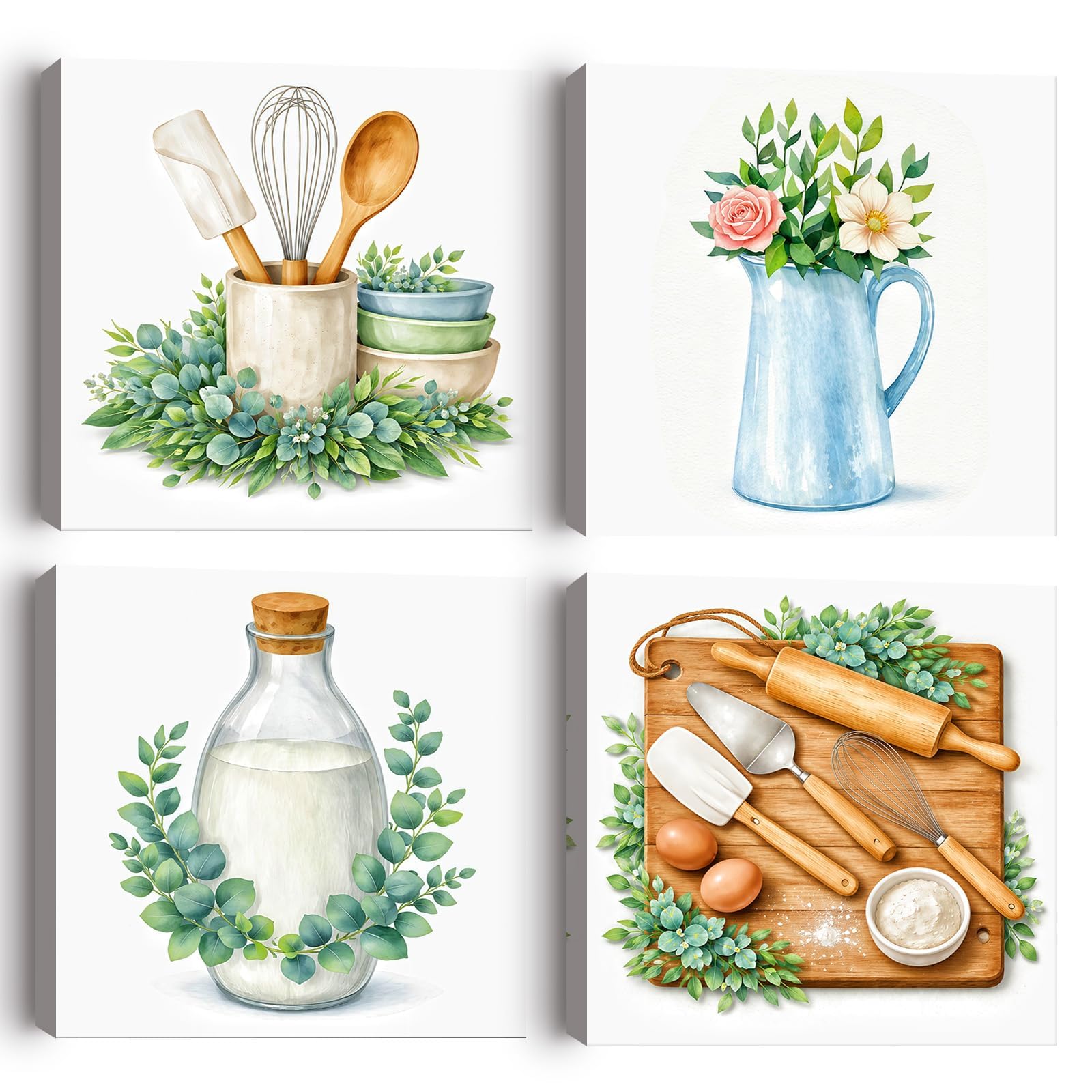 Alptiny Kitchen Wall Art Set Of 4 Framed Wall Art Canvas Pictures, Artwork For Dining Room Watercolour Farmhouse Picture Canvas Botanical Kitchen Prints For Dining Room Home Decor 30x30cm