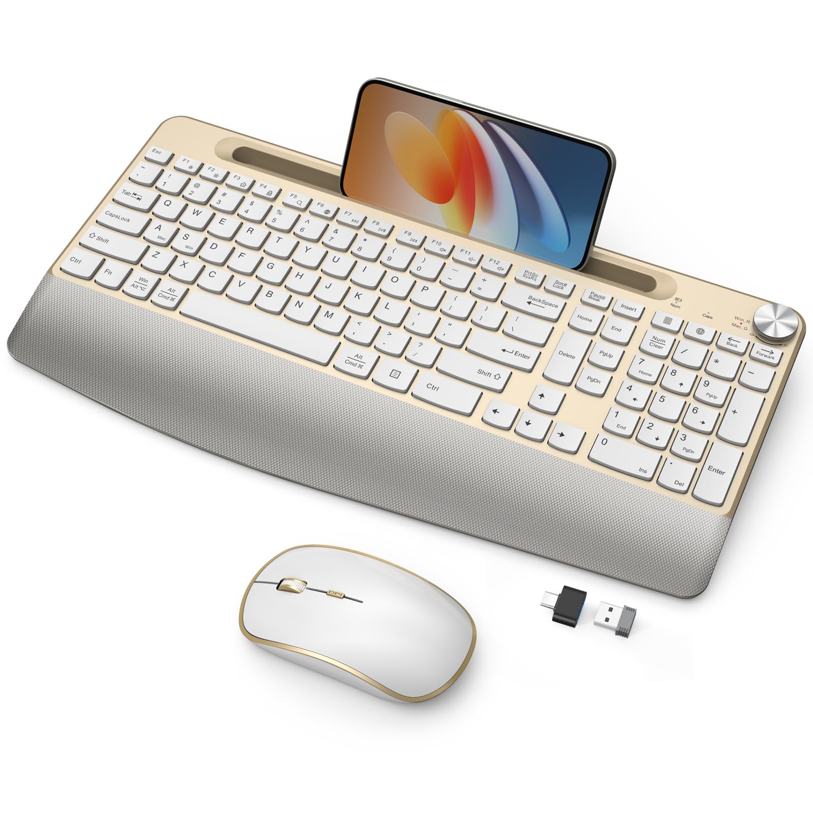 JOYACCESS Ergonomic Wireless Keyboard and Mouse Combo, Full-Sized Keyboard with Wrist Rest and Tablet Holder, Volume Roller for Computer PC Laptop-Gold&White