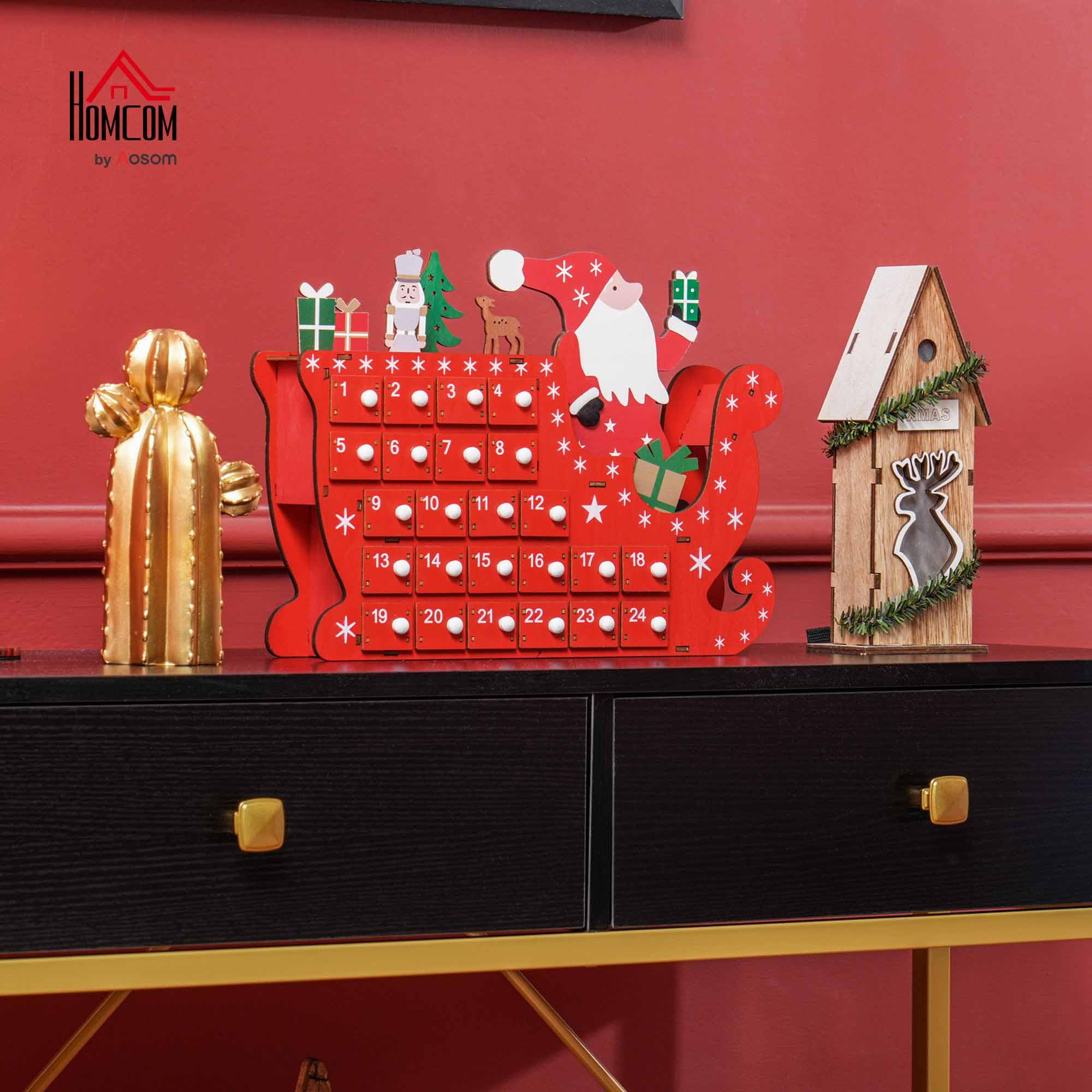 HOMCOM Calendario dell'Avvento in legno da riempire con 24 cassetti, decorazione natalizia riutilizzabile a forma di Babbo Natale e slitta, regalo per adulti e bambini, rosso