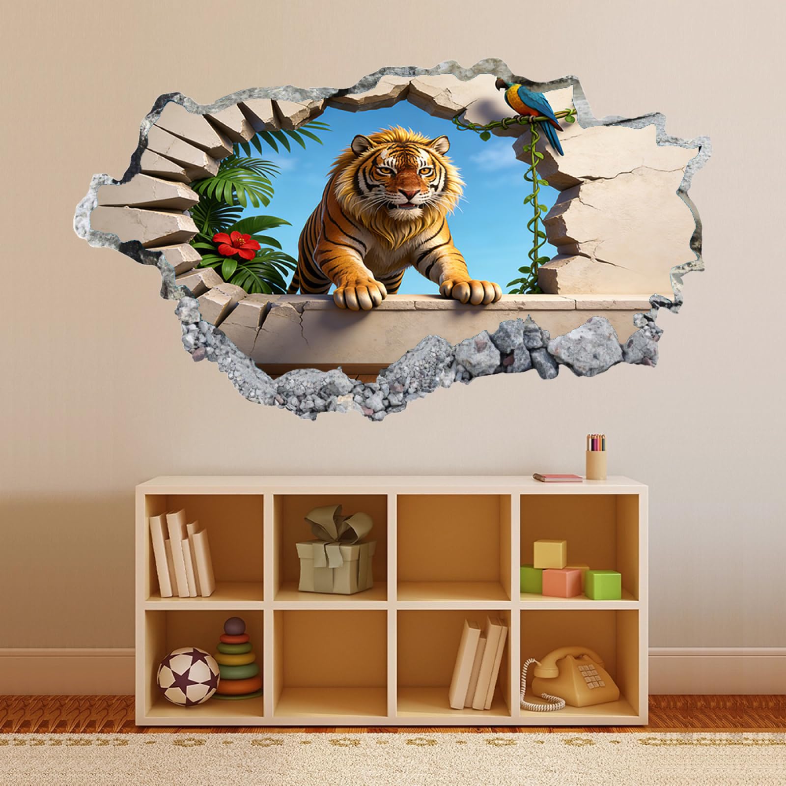 3D Wandaufkleber Tigerblume Durchbruch Wandtattoos Deko Wand, Wand Aufkleber Wanddurchbruch Wandsticker für Zuhause, Badezimmer, Schlafzimmer, Wohnzimmer 70x122cm