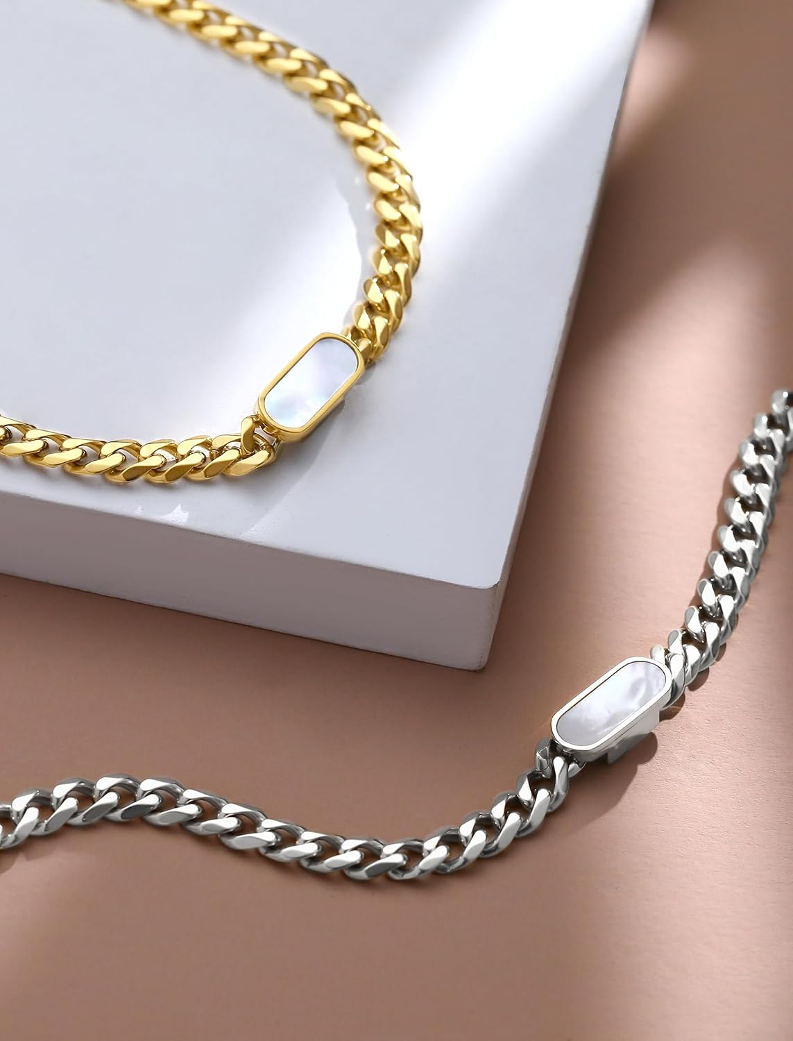 Cuban Link Necklace for Women Men,Pearl Bar 18K Gold Plated Pendant - 8mm 316L Stainless Steel Chain Choker, Trendy Jewelry for Christmas Valentines Day Anniversary-16"+2" extender Chain Adjustable