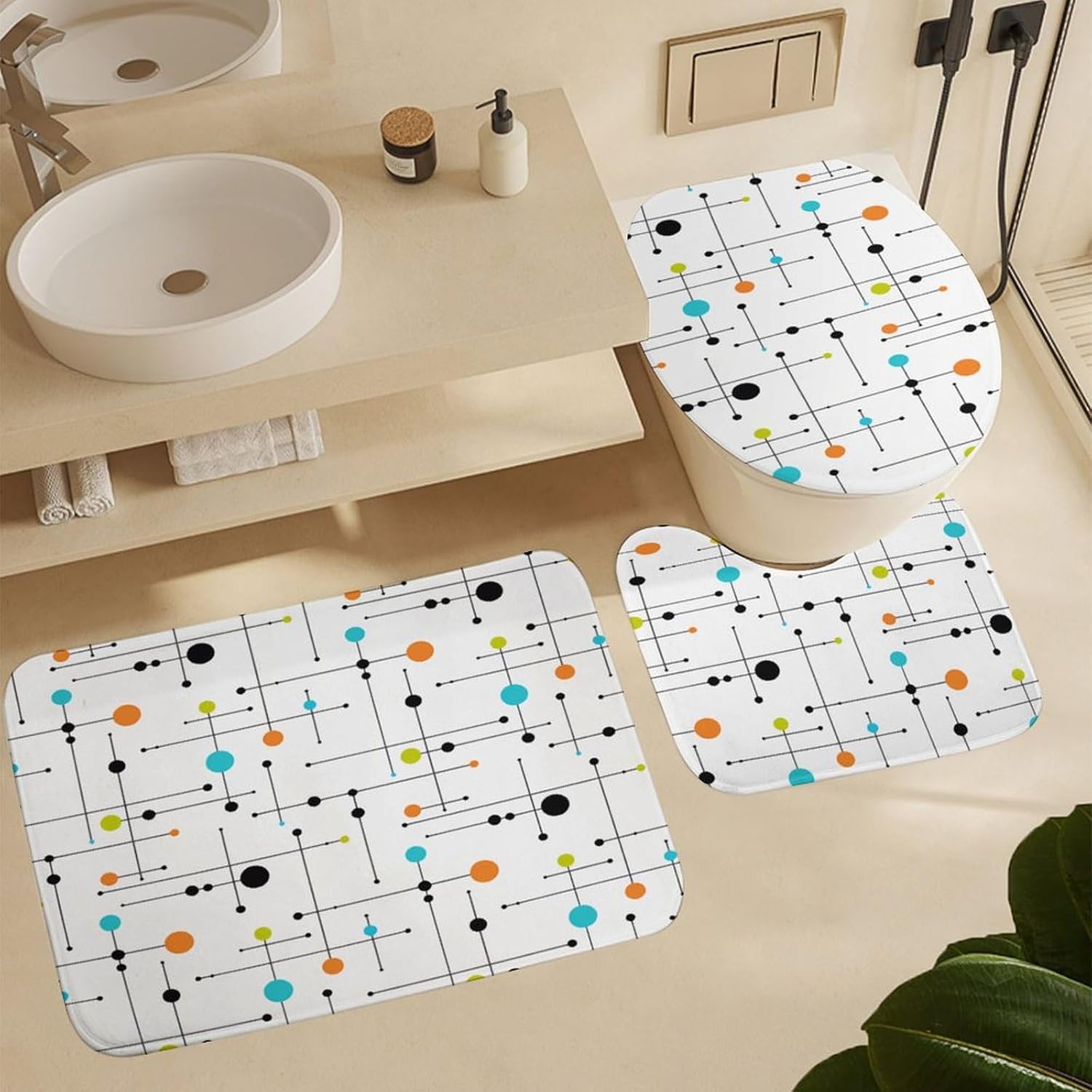 Mid-Century Modern Atomic Art 3-Piece Bathroom Rug Set Non-Slip Toilet Mat Absorbent Bath Rug Set Shower Mat Bathroom Special.