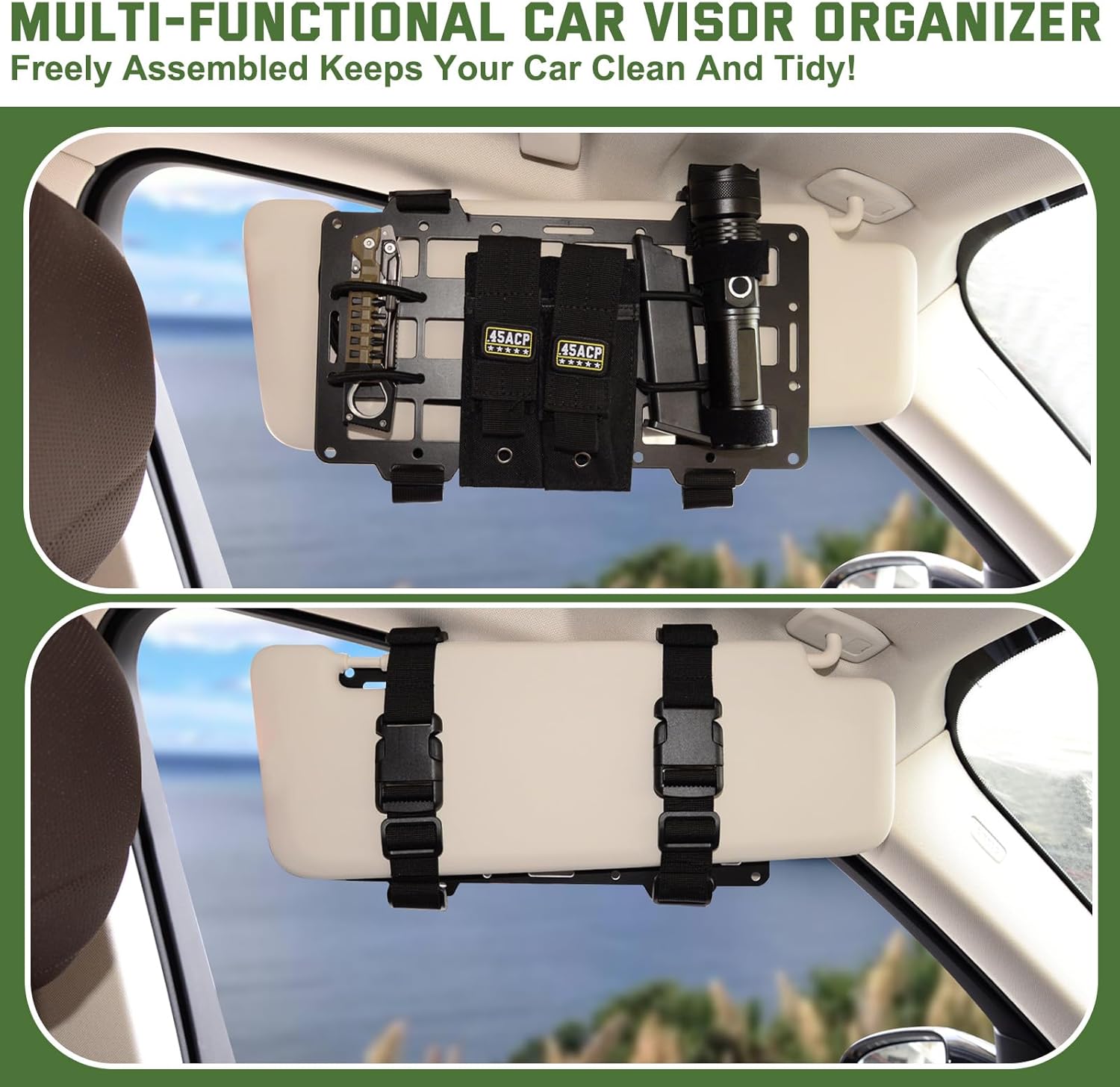 Pridefend 2PCS Aluminum Alloy Molle Visor Organizer,Rigid Aluminum Alloy MOLLE Panel Compatible with Backpack Tactical, Versatile Car Sun Visor Organizer for Trucks Vehicle SUV Interior Accessories