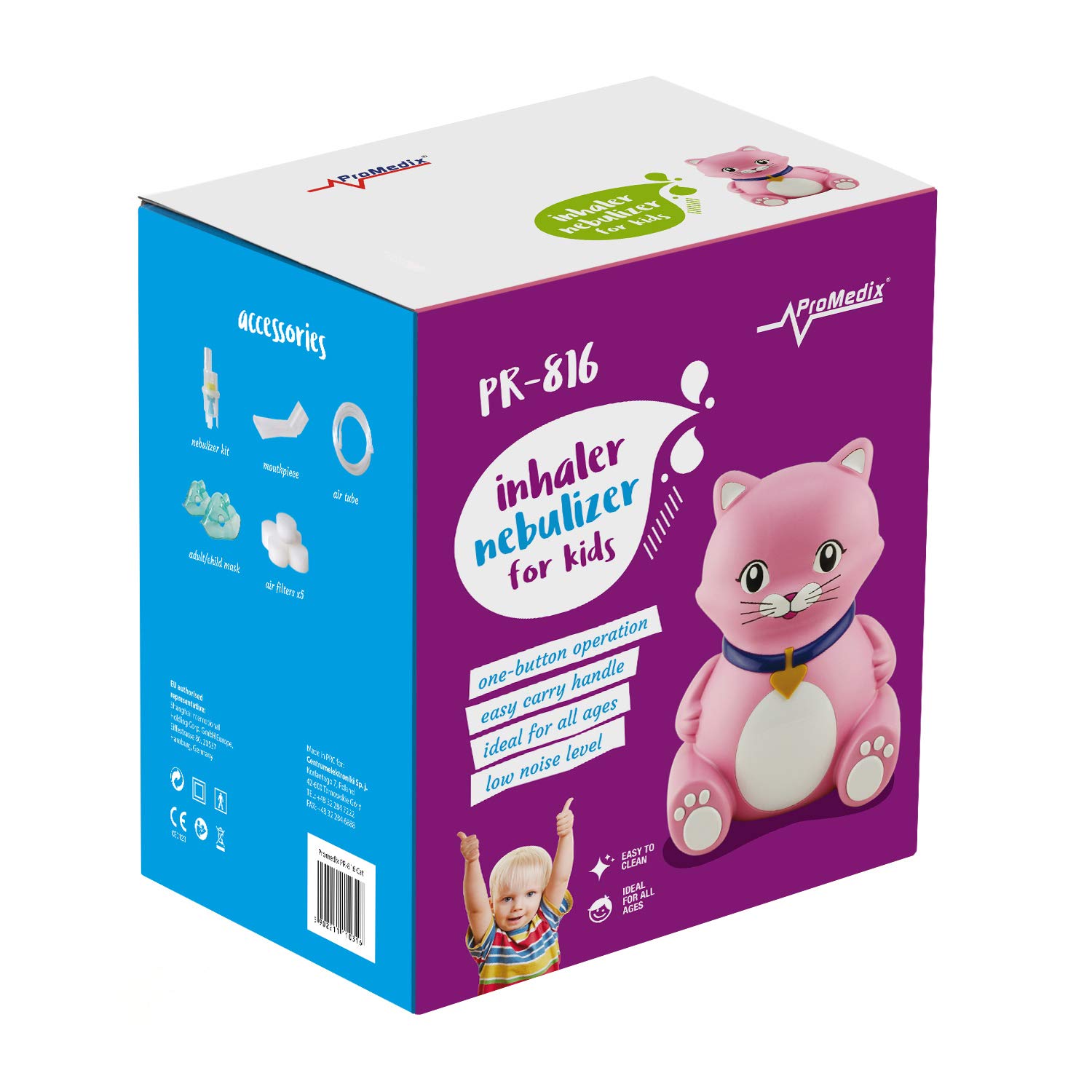 PR-816 Inalatore per bambini (gatto) filtri, maschere + ciuccio per bambini (Inalatore, maschere, filtri+ ciuccio)
