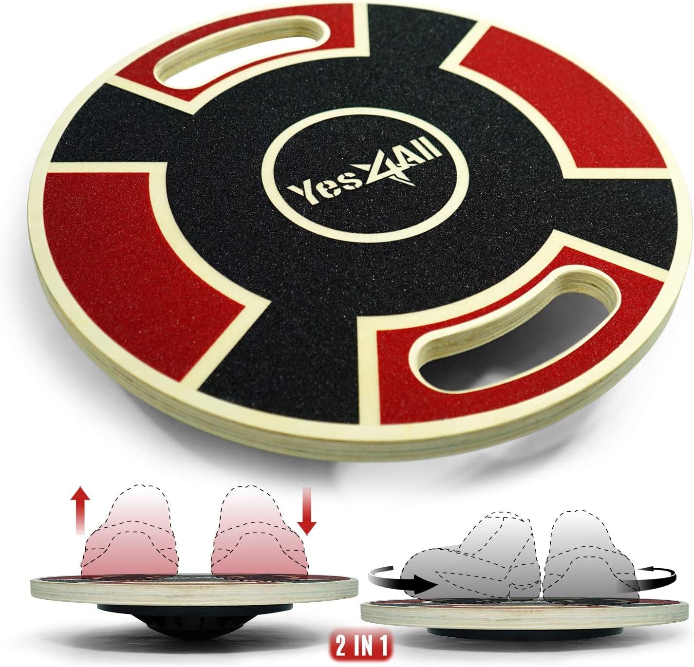 Yes4All Wooden Wobble Balance Board - 2in1 Wobble Board & Twisting Disc - Exercise Balance Stability Trainer with Handles (Red/Black)