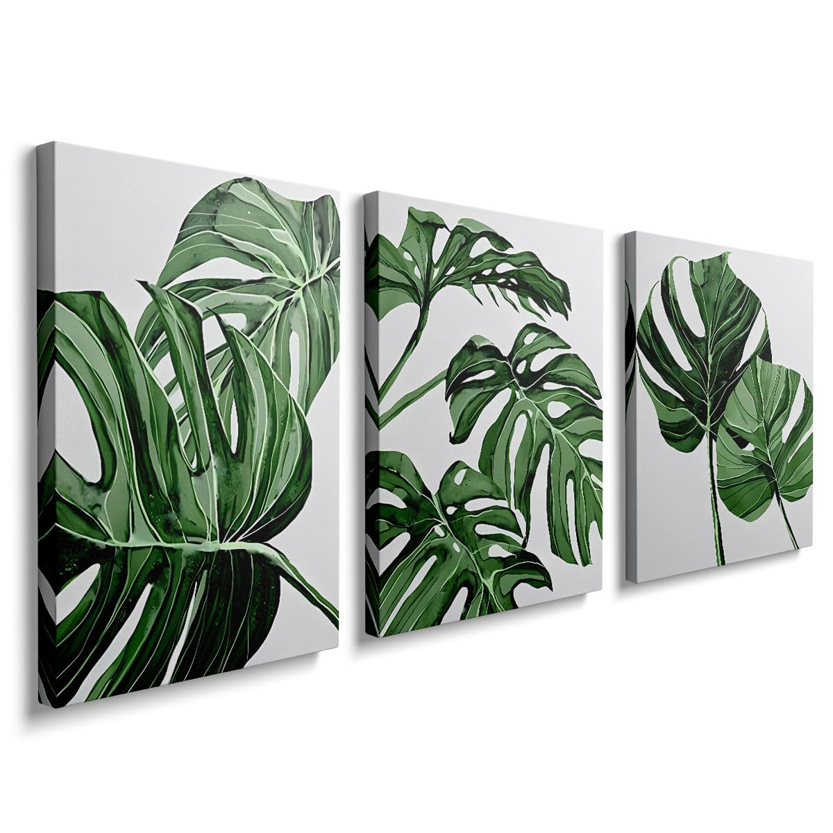 Canvas Wall Art Prints 3 Pieces White Green Leaves Picture Framed Artwork Paintings for Bedroom Living Room Kitchen 30 x 40cm Home Wall Decoration Paintings Personalised Photo Gifts