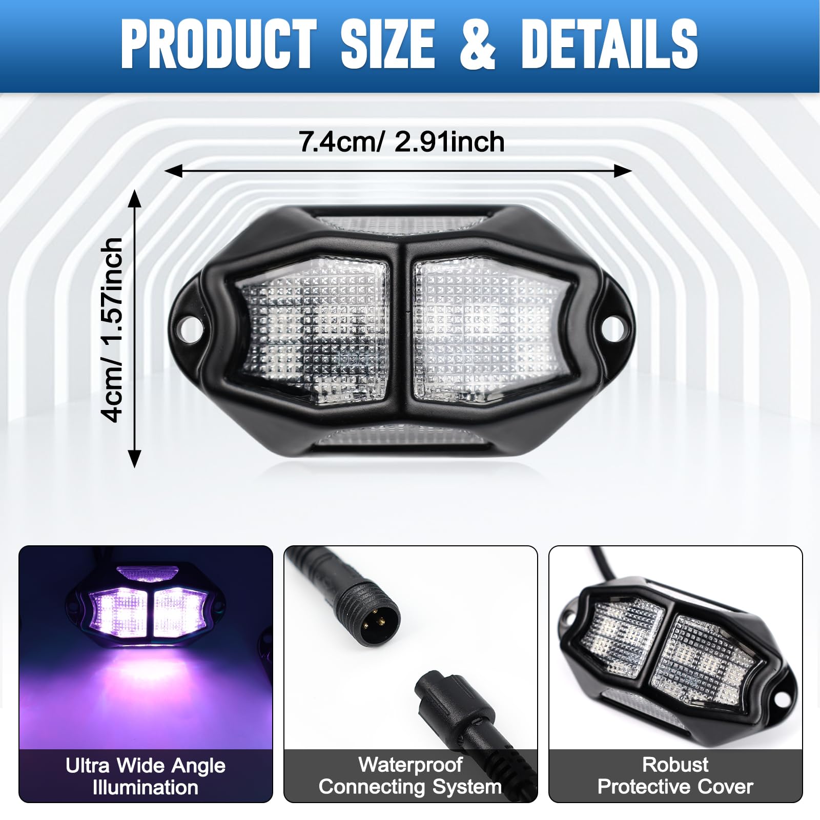 Riloer 4 Pods LED Rock Light Decorative Ambient Light, 1 Set 12V Smart Car Lights with App Control Compatible with Pickup Trucks, SUVs, ATVs, UTVs, Lorries, Trailers, Off-Road Vehicles