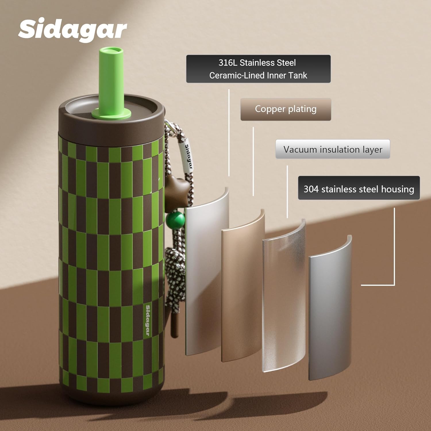 24 oz Tumbler with Handle and Straw, Leak-proof Reusable BPA-Free Cup, Urban Outdoor Gorpcore Style, Gym Workout Hiking Travel, Coffee & Smoothie Flask, Star Charm - Retro Green Brown - Image 6