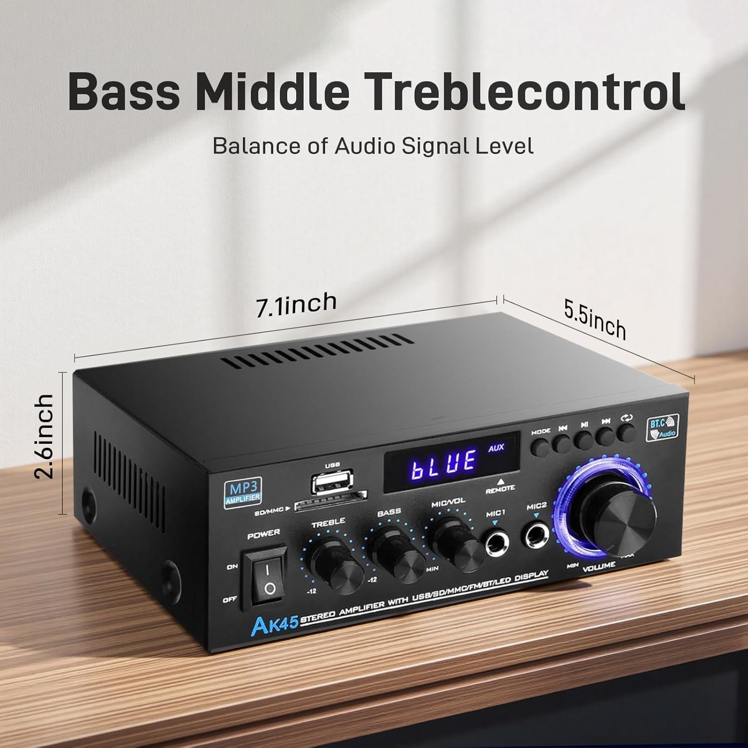 AK45 Stereo Home Audio Amplifier with 5.0 Bluetooth Receiver, 300W+300W Bluetooth HiFi AMP Power Amplifier 2.0 Channel RMS 40W x 2 Home Stereo System Remote Control Amp W/MIC,USB, RCA,FM Radio