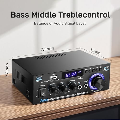 Miniatura 7 de AK45 Amplificador de audio estéreo para el hogar con receptor Bluetooth 5.0, 300W+300W Bluetooth HiFi Amplificador de potencia estéreo 2.0 canales