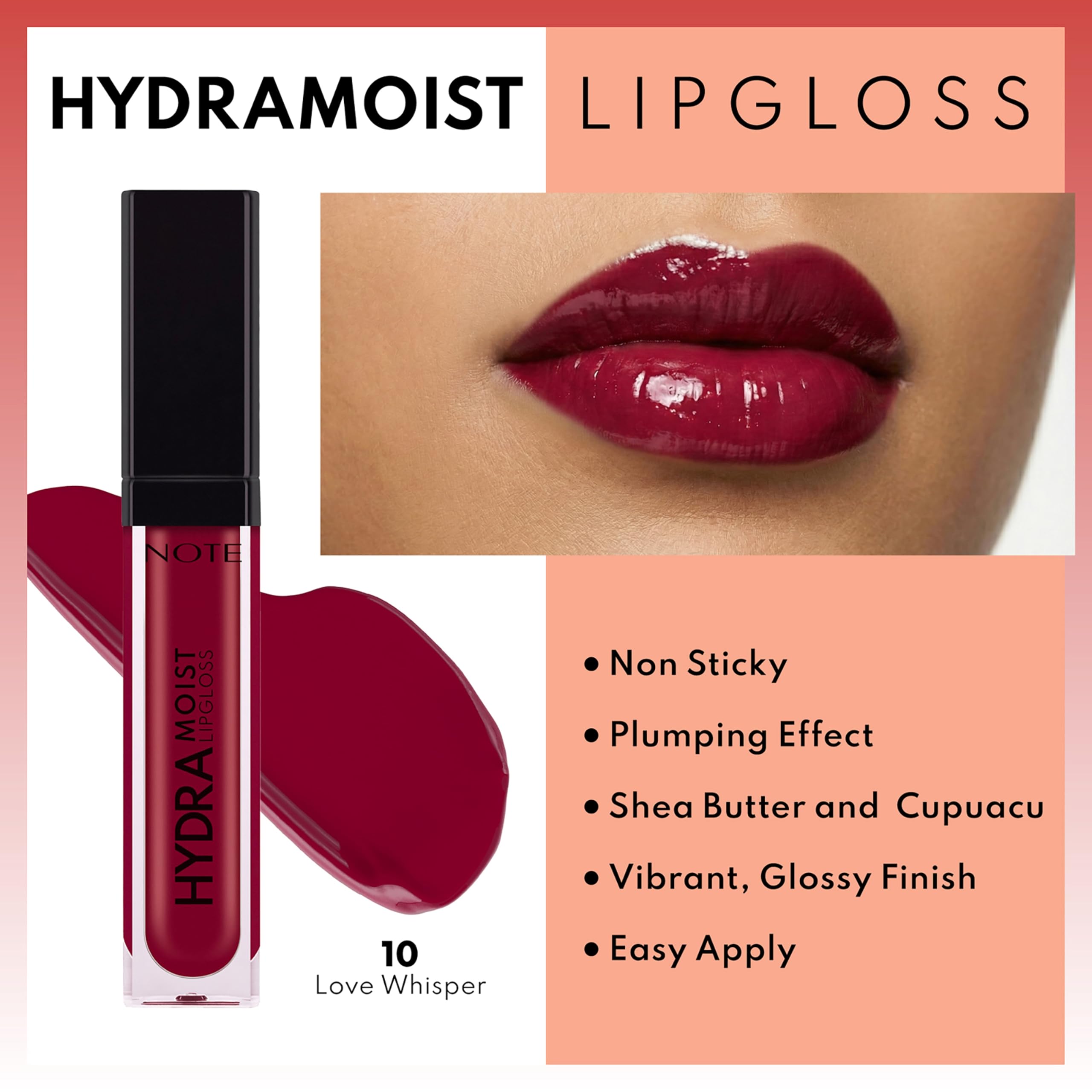 Note Cosmetics Hydramoist Lipgloss 10 Love Whisper Nemlendirici Dudak Parlatıcısı, Bordo (2 paketi)