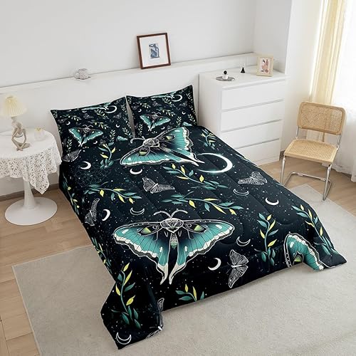 Miniatura 3 de Erosebridal Juego de edredón de mariposa verde, tamaño matrimonial, 3 piezas, ropa de cama y juegos de ropa de cama con diseño de polilla, cielo