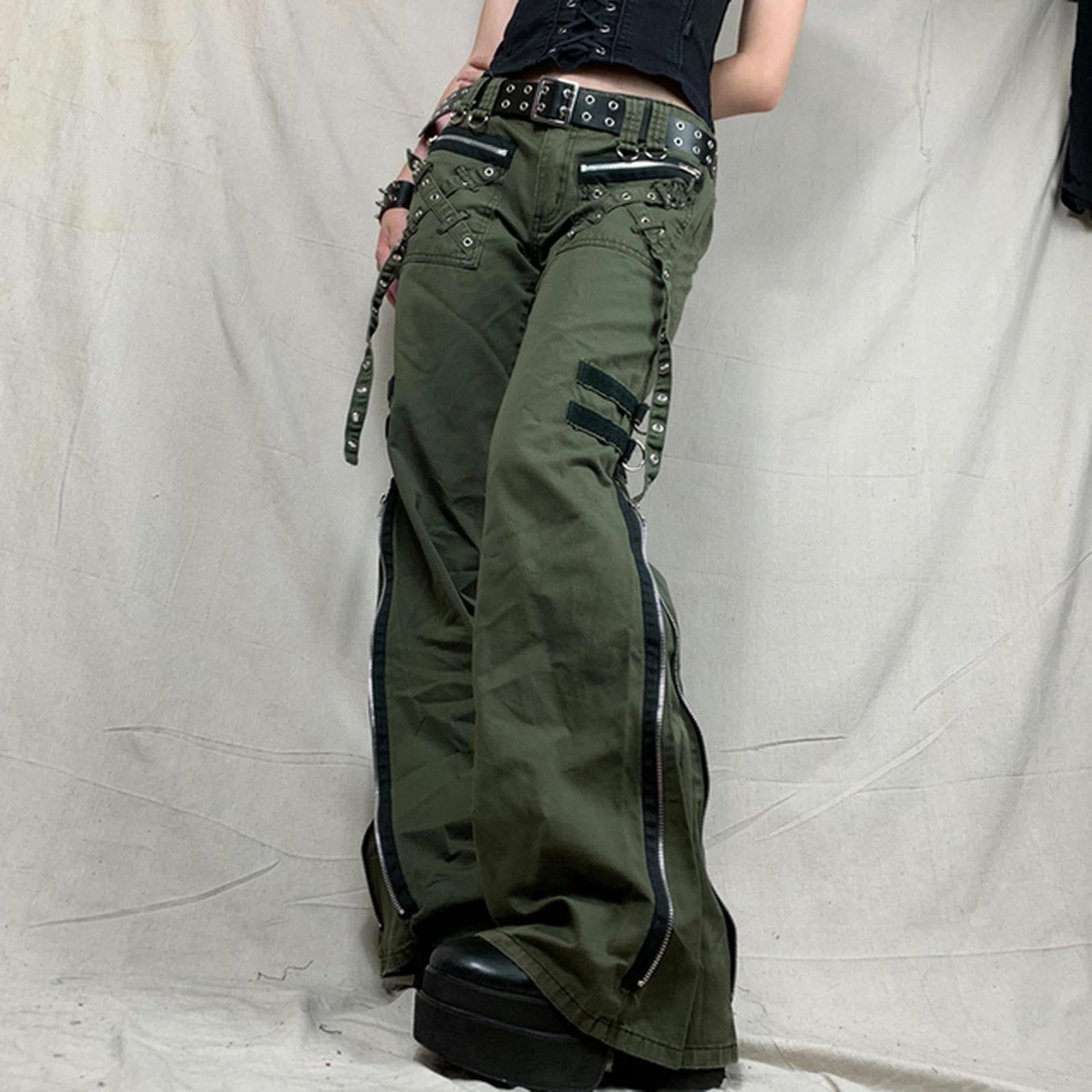WEITING Pantalones De Mujer Goth Punk Sueltos Retro Kawaii Pantalones Vendaje De Tiro Bajo Pantalones Cargo Grunge Verde Cremallera Jeans Pantalones De Chándal Coreanos-Verde-M
