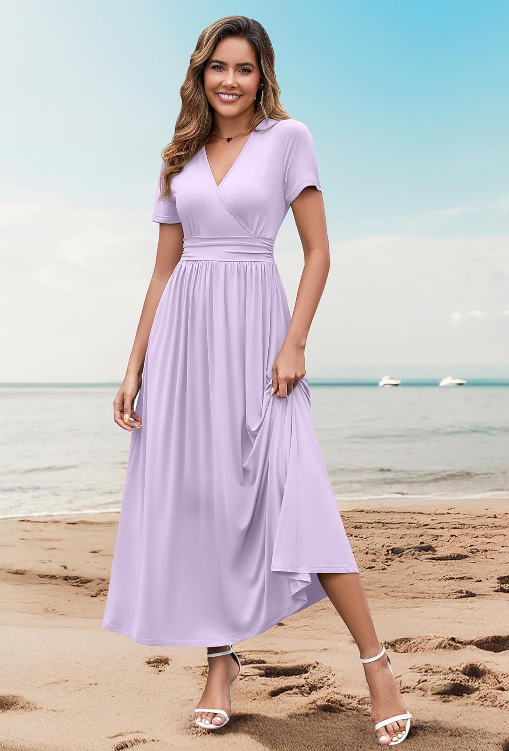 WEACZZY 2026 Summer Long Dresses for Women Wrap Empire Pleated Waist V Neck Short Sleeve Elegant Maxi Dress with Pockets - Image 3