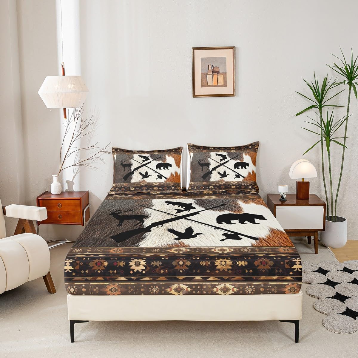 Homewish Juego de sábanas bajeras rústicas, tamaño King, estilo casa de campo, estilo casa de campo, estampado de piel de vaca, oso, ciervo, pez, pato, para niños, adolescentes, niñas, caza, pesca