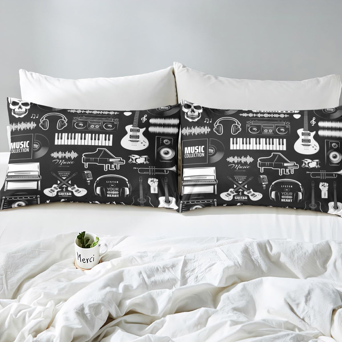 Erosebridal Electric Guitar Full Sheets Old Vinyl Record Bed Set, Vintage Trumpet Headphone Bed Sheets Set Jazz Funk Rock Music Sheet Set, Hippie Drum Kit Set Bedding Set Black White