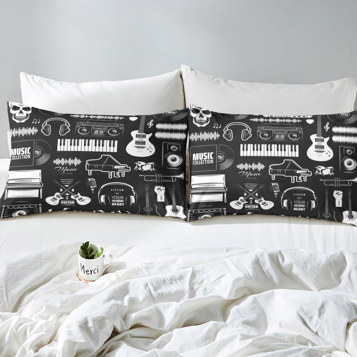 Homewish Bettwäscheset für E-Gitarre, Altes Vinyl-Schallplatten-Set, Vintage-Trompete, Kopfhörer, Bettbezug, Doppelbett, Jazz, Funk, Rockmusik, Bettwäsche-Sets, Hippie-Trommel-Set, Tagesdecke, Schwarz