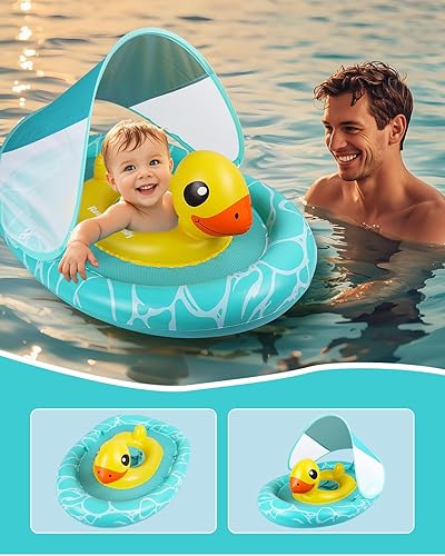 Miniatura 6 de Flotador doble para piscina para bebé con asiento de seguridad ajustable, toldo UPF 50+ extraíble solar, flotador inflable estilo animal, flotador