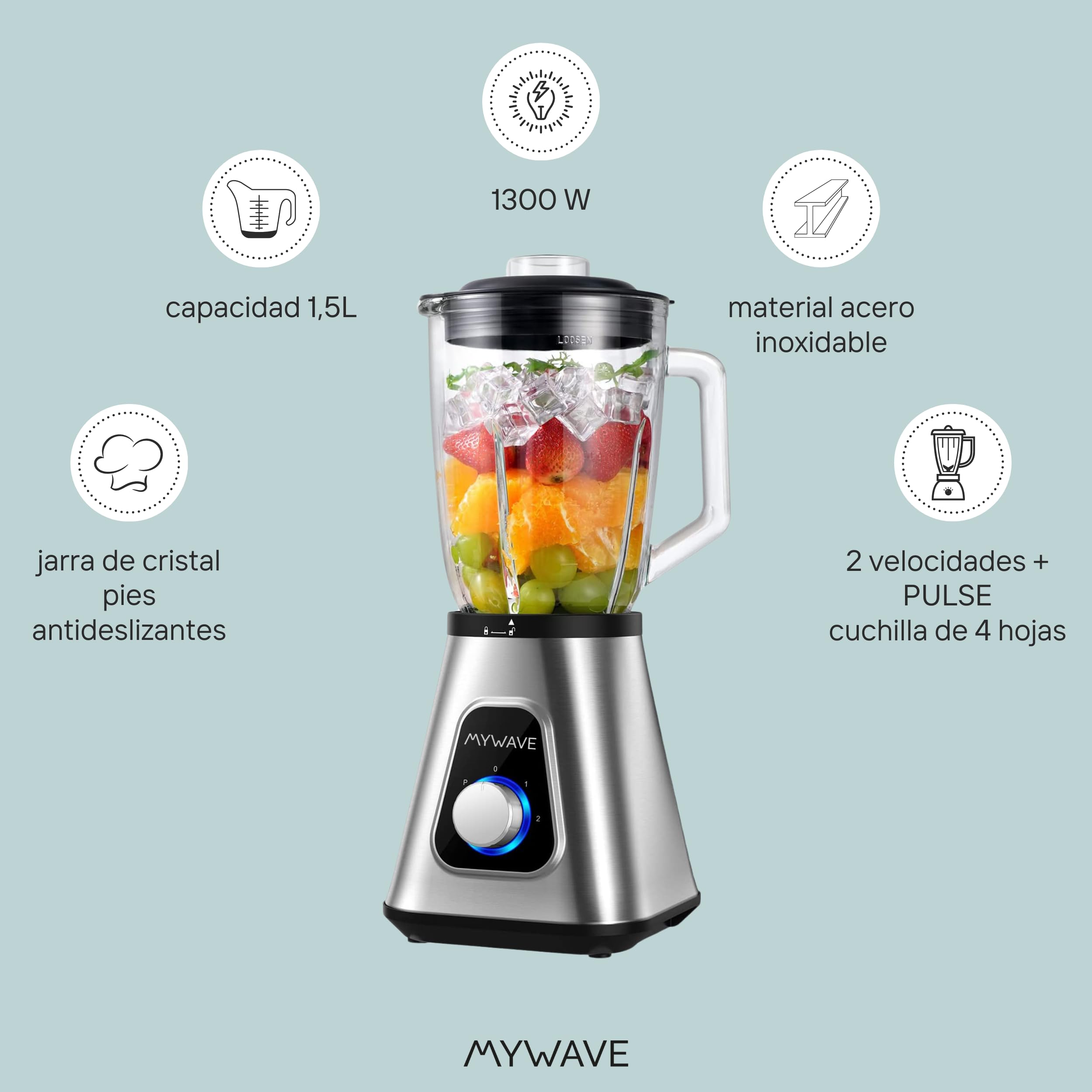 My Wave - Batidora de Vaso - Potencia de 1300W - Capacidad de 1,5L y 2 Velocidades + Pulse- Para Líquidos y Sólidos - Cuchillas de Acero Inoxidable y Vaso Extraíble - Apta para Lavavajillas