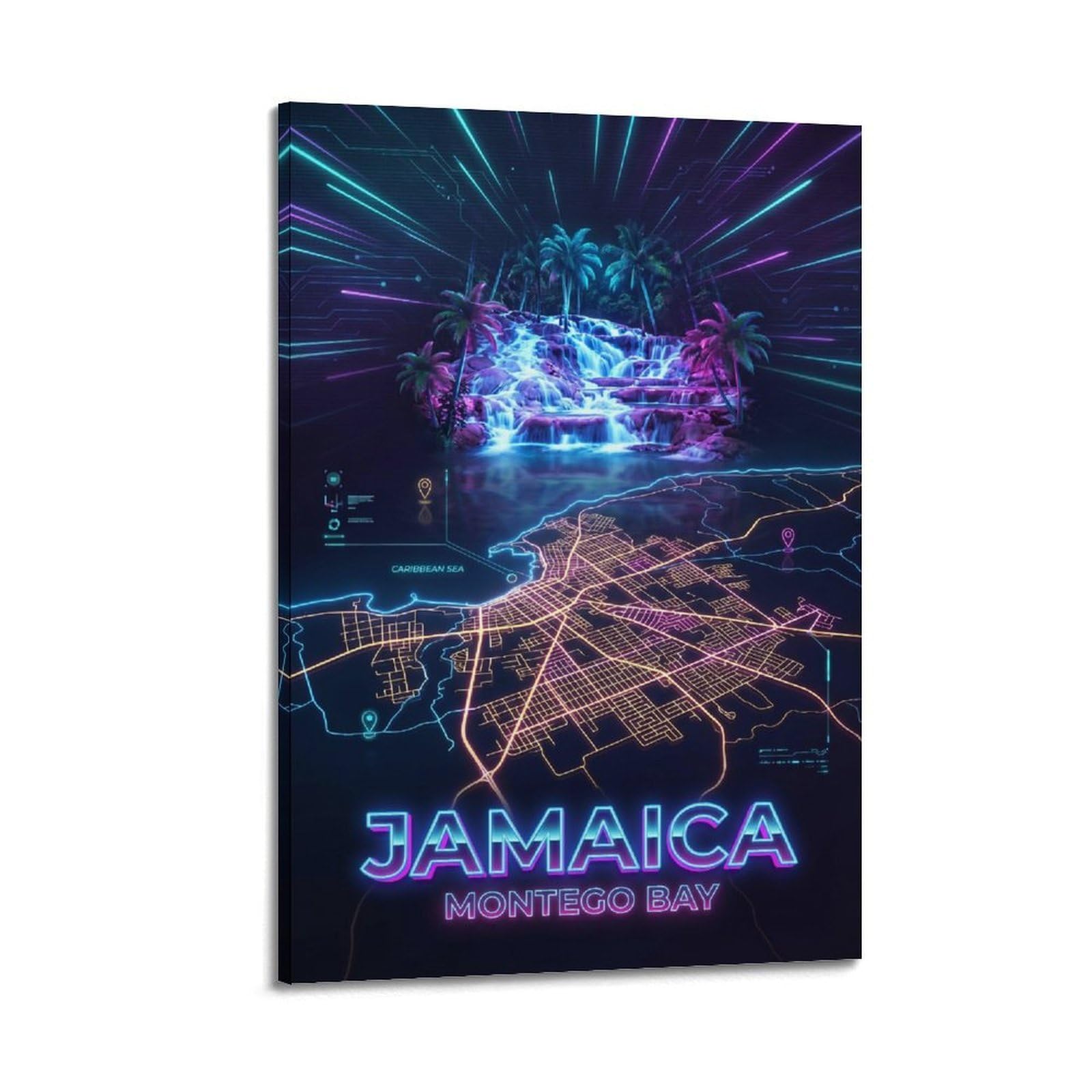 XKUGA Neon City Map Poster Montego Bay Jamaica Modern Decorative Canvas Prints - Ideal Wall Art for Family, Man Cave, Game Room, Boys & Girls Bedroom 20x30inch(50x75cm)