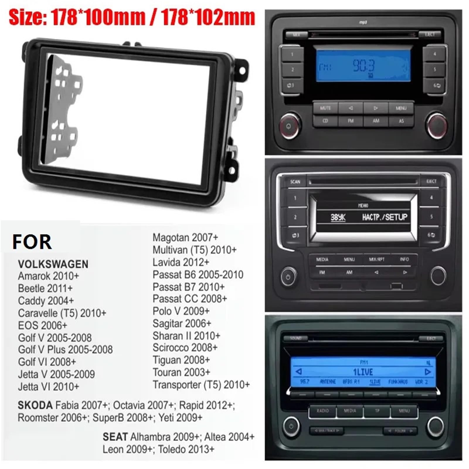 Kit Montaje Autoradio Marco de Radio Coche 2 DIN con DVD, Panel Interior Compatible Touran, Caddy, Seat Compatible Fabia Octavia