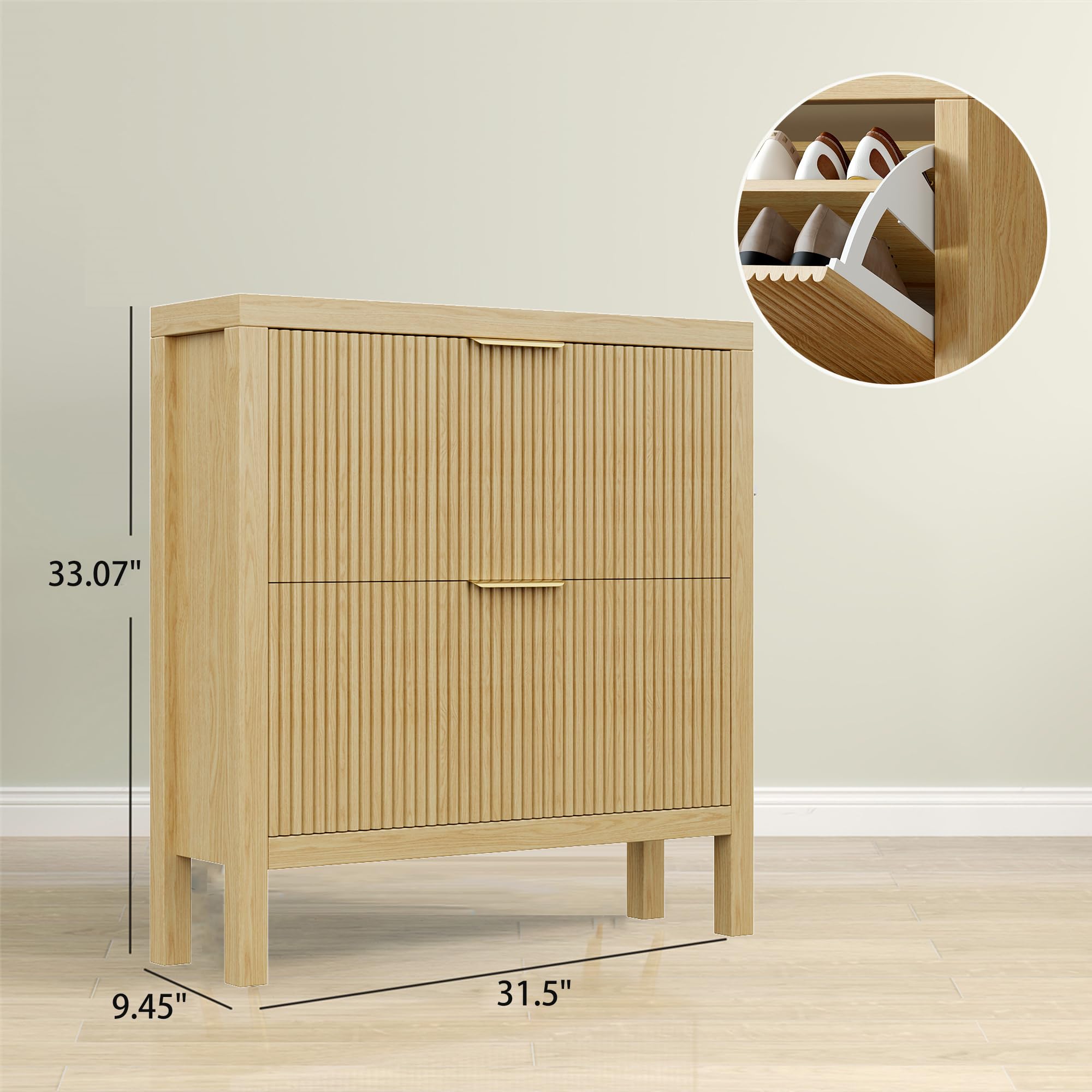 Vudanfe Modern 2-Tier Flip Drawer Shoe Cabinet, Freestanding Hidden Slim Narrow Shoe Rack Wooden Large Capacity Shoe Storage Cabinet Shoe Organizer, for Entryway, Hallway, Natural