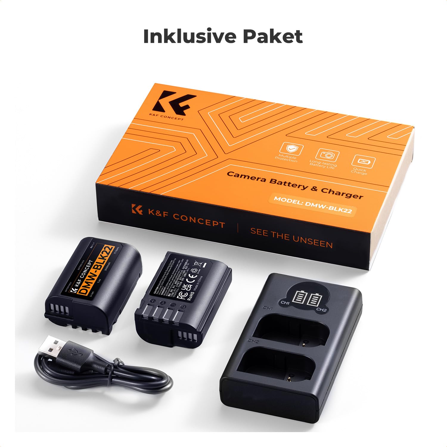 K&F CONCEPT DMW-BLK22 Akku 2er-Pack 2400mAh + LCD Dual-Slot-Ladegerät, voll entschlüsselt kompatibel mit Panasonic Lumix DC-S5 S5 II GH5 II GH6 S5M2, 7,4V/8,4V
