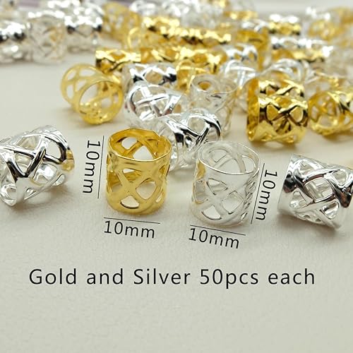 Miniatura 3 de 100 piezas de accesorios de rastas doradas y plateadas, puños para el cabello para trenzas, anillos de joyería Loc, cuentas ajustables para el