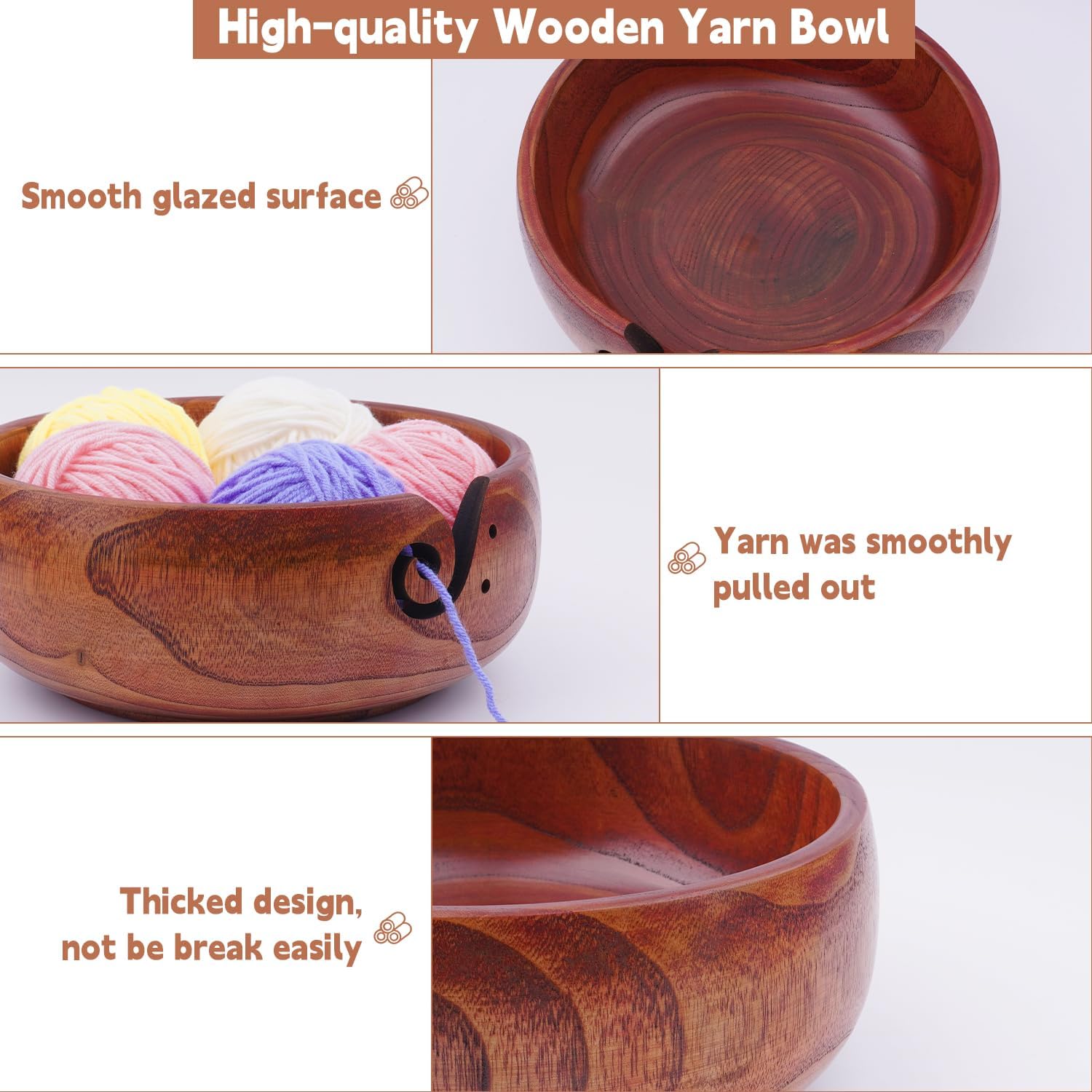 Weabetfu Large Wooden Yarn Bowl for Knitting and Crocheting with Holes, Handmade Rosewood Yarn Storage Organizer 8 x 3 inch for Mother's Day and Christmas,Crochet Bowl